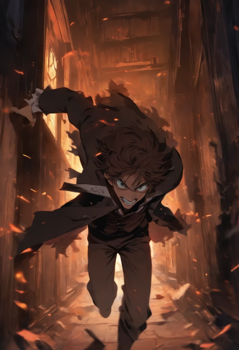 foreshortening,  depth of field, masterpiece, best quality, Young adult boy with messy brown hair, gray eyes and white skin, costumes of horror movie character, background in a horror house at nigh, Running in the foreground looking at the viewer with one hand to reach him, Jack the ripper mask