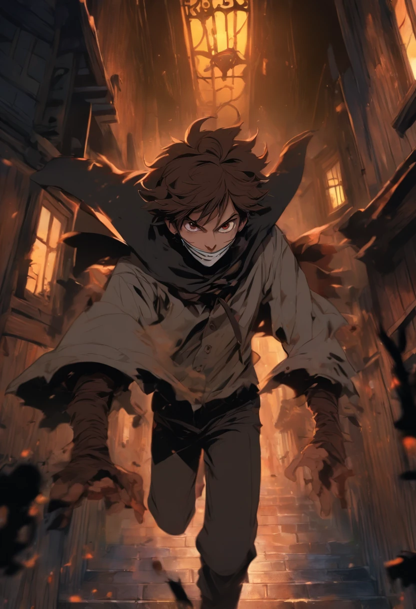 foreshortening,  depth of field, masterpiece, best quality, Young adult boy with messy brown hair, gray eyes and white skin, costumes of horror movie character, background in a horror house at nigh, Running in the foreground looking at the viewer with one hand to reach him, Jack the ripper mask
