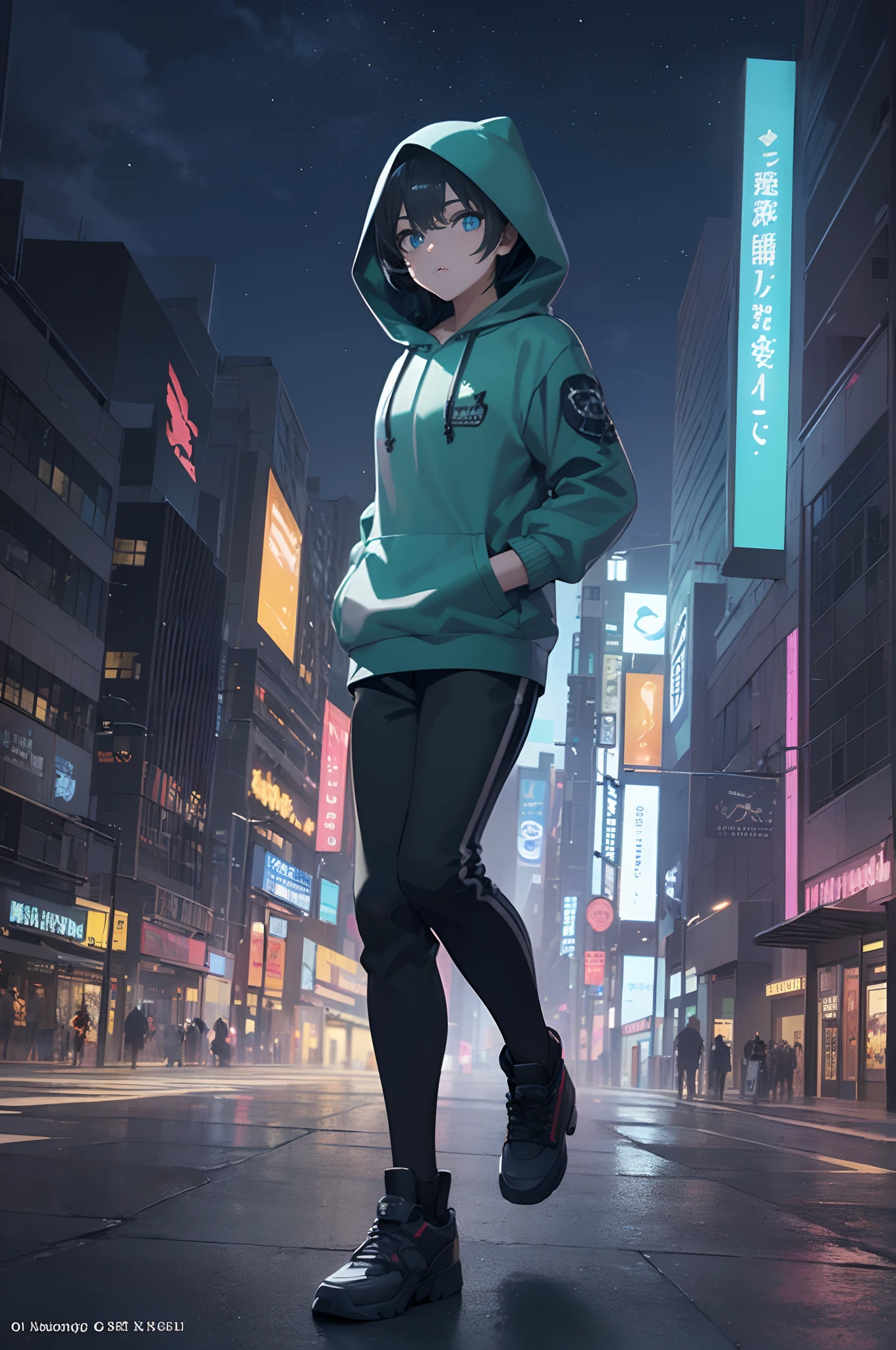 (Dynamic Angle:1.4), ((Full body posing:1.5), (Colorful:1.2), (Highly detailed CG Unity 16K wallpaper:1.1), (Denoising strength: 1.45), (tmasterpiece:1.37), ((Official art)), of the highest quality, (Realistic), Cyberboy,Deformed Character, (Short-cut hair:1.2),(Hooded clothing:1.5),Black hair,Glowing eyes,(blue eyess:1.2),((Poses in motion:0.9)),((Wearing a hood:1.3)),wires, (LED:1.3), (a hologram:1.2), futuristic city street, Neon light, Skyscrapers, (Night:1.2), (Rainbow Model:1.2), 8K resolution, (Anime style:1.3), Cinematic lighting, chromatic abberation, spark of light, Ray tracing, blending, ultra wide-angle, Hasselblad, (masutepiece), (masutepiece), ((Best Quality)), ((masutepiece)), nffsw
