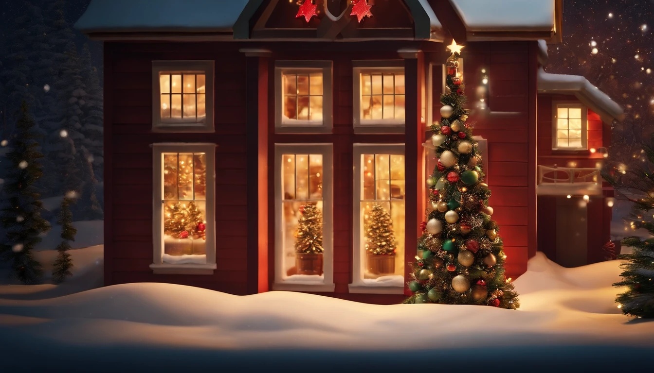 /imagine prompt: A beautiful wooden board shows a warm Christmas scene. On this wooden board, you can see a winter scenery covered by white snow, and the magic of Christmas is permeated.
On the snow, a tall Christmas is established there, decorated with colorful lights and flashing decorations. There are exquisite gift boxes under the tr
ee, all packed in gorgeous colored paper, waiting to be opened. The small house next to the tree also decorates the Christmas atmosphere. There are red and green light bands hanging on the windows, and the warm light sprinkle through the window through the window.