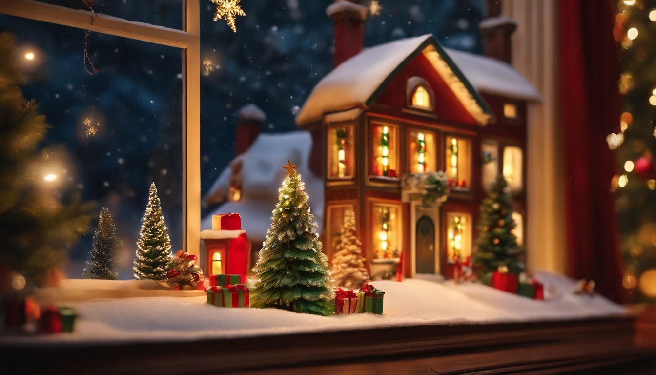 /imagine prompt: A beautiful wooden board shows a warm Christmas scene. On this wooden board, you can see a winter scenery covered by white snow, and the magic of Christmas is permeated.

On the snow, a tall Christmas is established there, decorated with colorful lights and flashing decorations. There are exquisite gift boxes under the tr
ee, all packed in gorgeous colored paper, waiting to be opened. The small house next to the tree also decorates the Christmas atmosphere. There are red and green light bands hanging on the windows, and the warm light sprinkle through the window through the window.