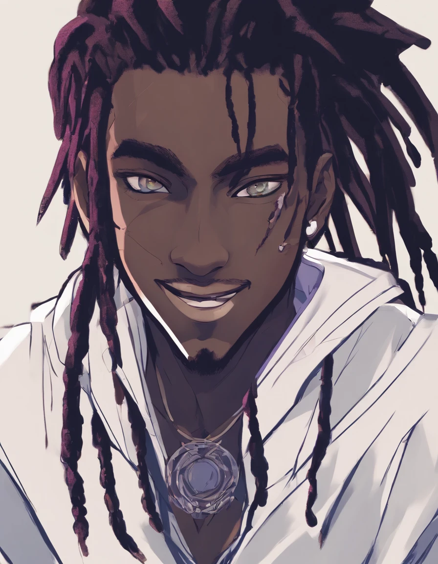 a drawing of an dark skin person with a black dreadlocks and a white shirt, wearing black hoodie with an yin Yang logo on it, halfbody headshot, cel - shaded art style, inspired by Okumura Masanobu, halfbody portrait, tyler jacobson style, anime character, cel shaded:15, young anime man, androgynous appearance, shaggy dreadlocks, Smiling, teeth are slightly shown, blue eyes with purple irises, hetrochromia, androgynous faceAn mini