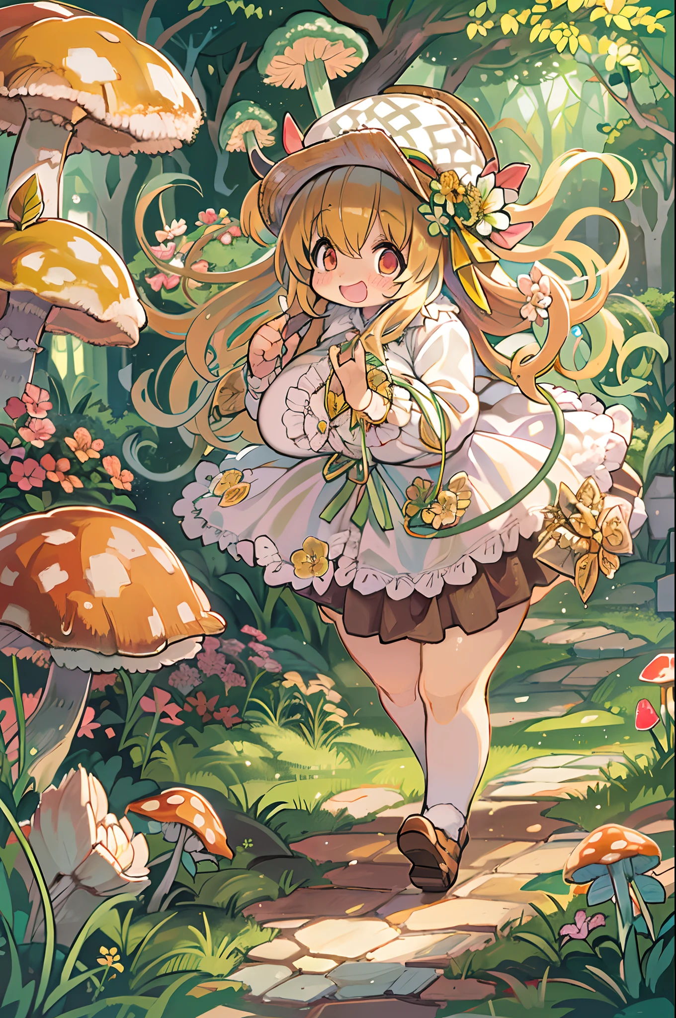 eyesight, (Three Lolitas: 2) Stable diffusion is the best image quality, morning sunlight, Spring landscape, Dew and flowers, flying hair, Living in a fairytale dreamland with mushrooms, trip, Running, and laughing. forest pathway,huge-breasted、bbw,Large Thigh