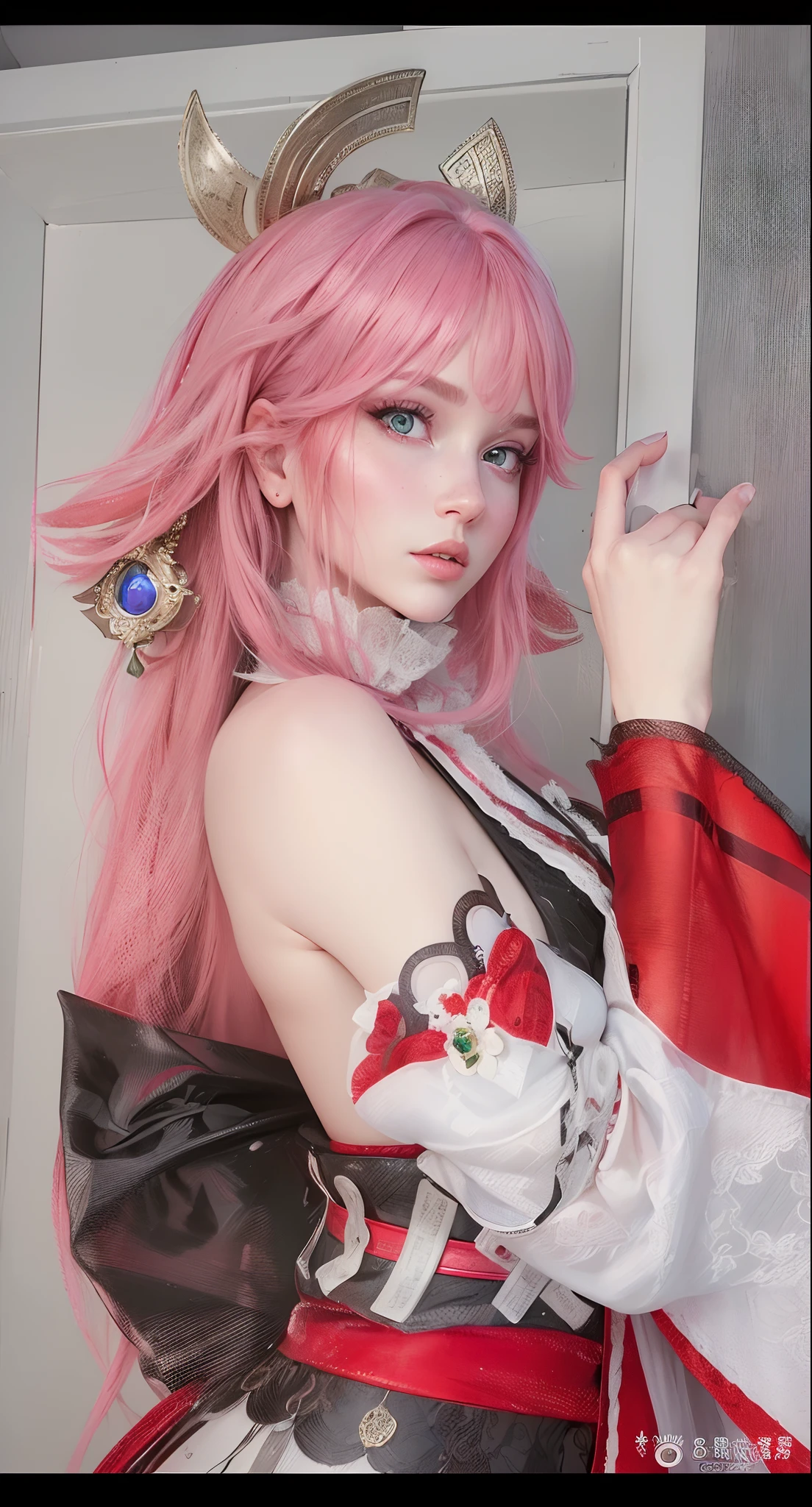 (best quality,4k,8k,highres,masterpiece:1.2), ultra-detailed, (realistic,photorealistic,photo-realistic:1.37), portraits, woman with pink hair, wearing white and red dress, beautiful detailed eyes, beautiful detailed lips, extremely detailed eyes and face, long eyelashes, vivid colors, studio lighting