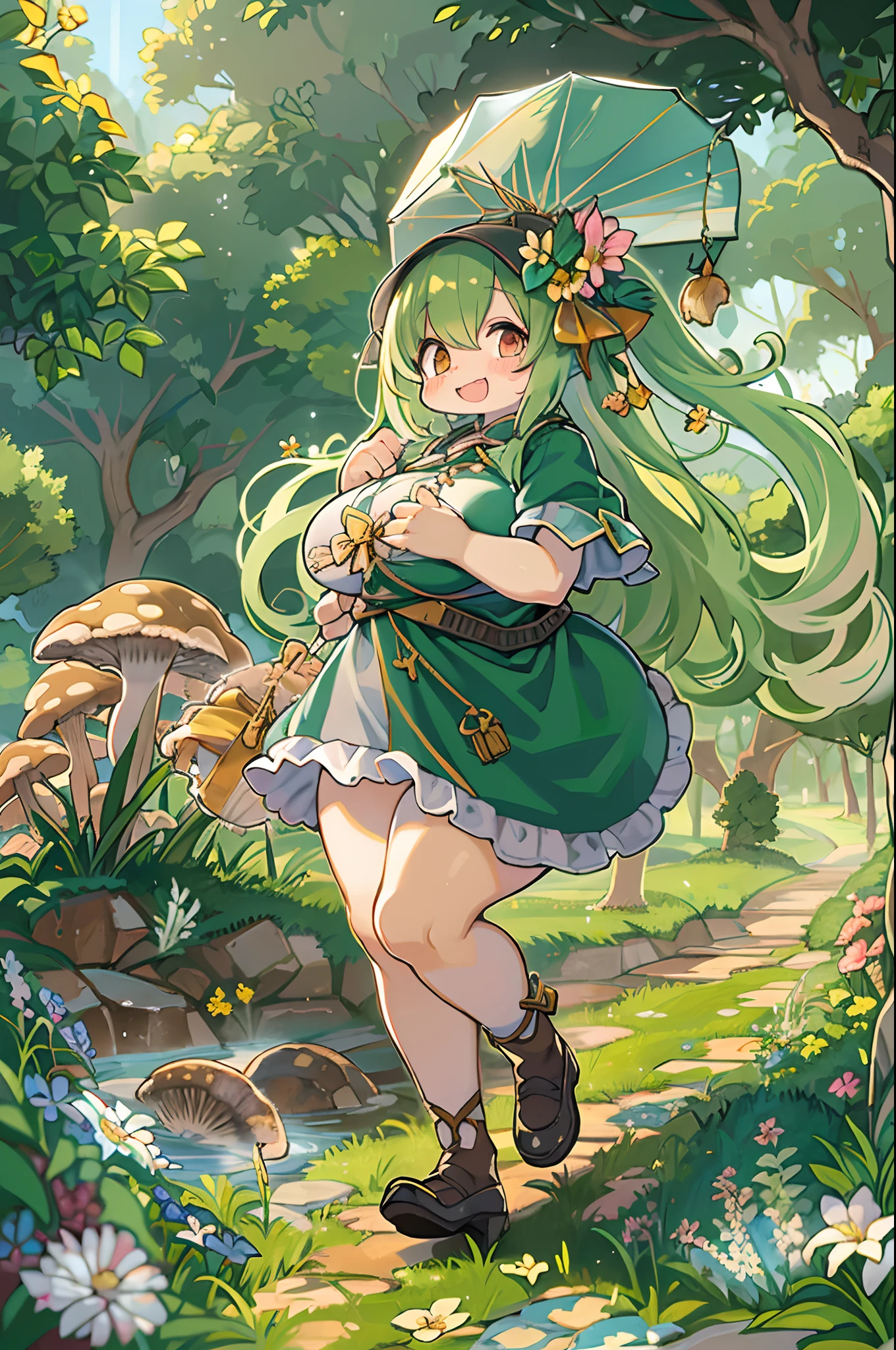 eyesight, (Three tas: 2) Stable diffusion is the best image quality, morning sunlight, Spring landscape, Dew and flowers, flying hair, Living in a fairytale dreamland with mushrooms, trip, Running, and laughing. forest pathway,huge-breasted、bbw,Large Thigh
