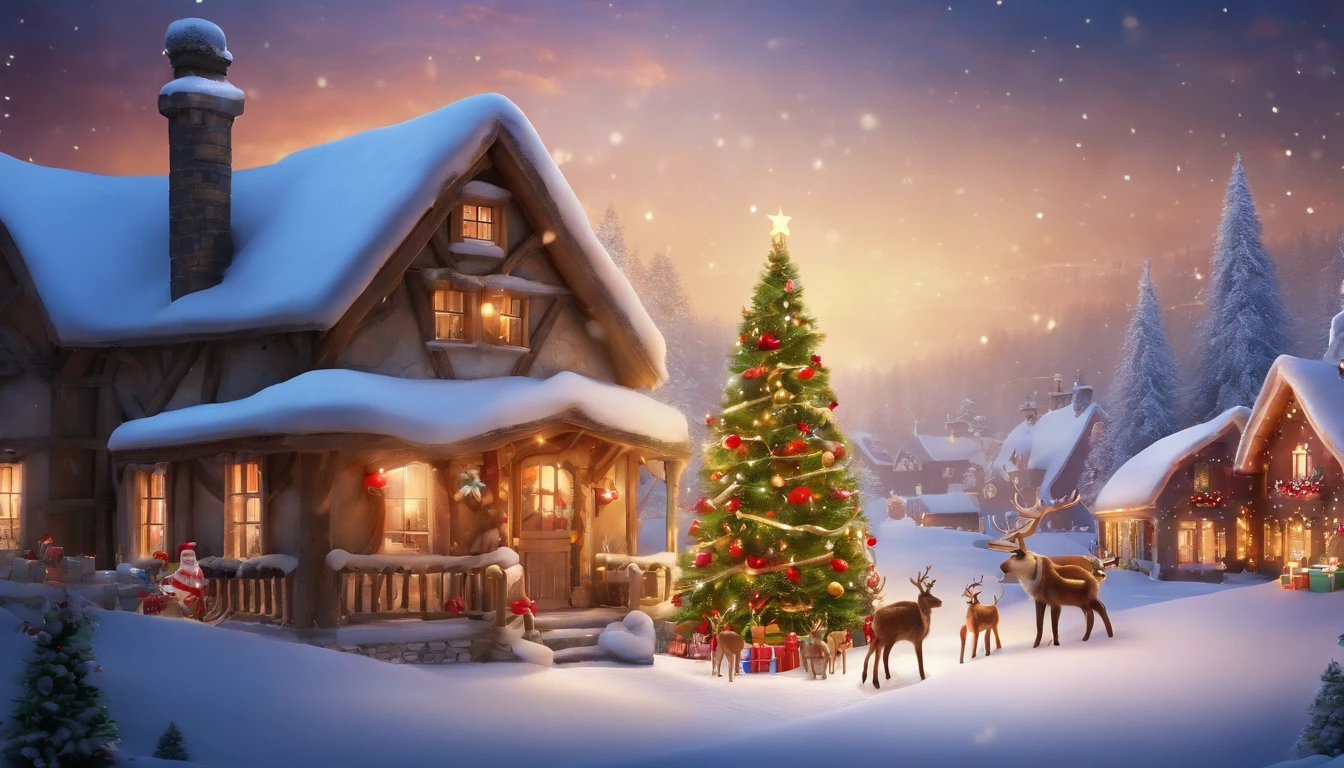 best quality,4k,8k,highres,masterpiece:1.2,ultra-detailed,realistic:1.37,christmas scene,beautifully decorated christmas tree,glowing fairy lights,cozy fireplace with crackling fire,presents wrapped in colorful paper,happy children unwrapping gifts,sparkling snowflakes falling from the sky,magical winter wonderland,snow-covered landscape,santa claus with his sleigh and reindeer,jolly santa delivering gifts,children playing in the snow,joyful laughter filling the air,delicious holiday feast on the table,warm and inviting atmosphere,festive decorations in every corner,merry christmas to everyone!