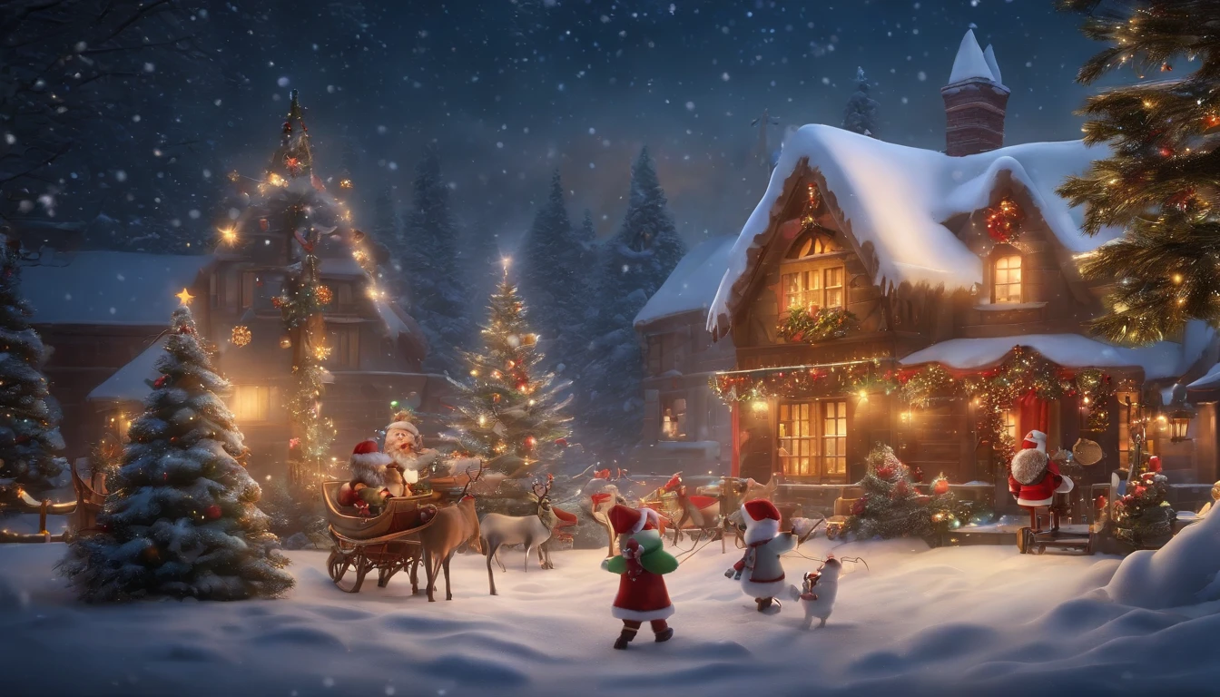 best quality,4k,8k,highres,masterpiece:1.2,ultra-detailed,realistic:1.37,christmas scene,beautifully decorated christmas tree,glowing fairy lights,cozy fireplace with crackling fire,presents wrapped in colorful paper,happy children unwrapping gifts,sparkling snowflakes falling from the sky,magical winter wonderland,snow-covered landscape,santa claus with his sleigh and reindeer,jolly santa delivering gifts,children playing in the snow,joyful laughter filling the air,delicious holiday feast on the table,warm and inviting atmosphere,festive decorations in every corner,merry christmas to everyone!