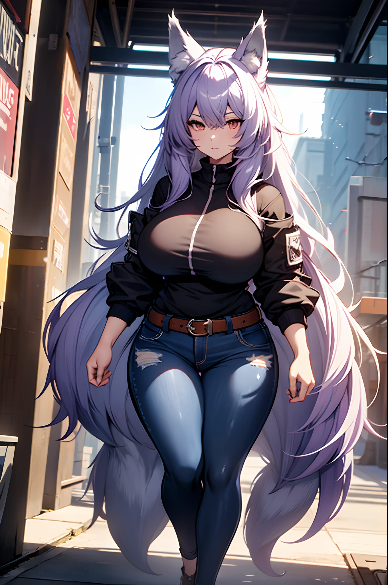 one woman, wolf girl, wolf ears, wolf tail, violet hair, strong, firm body, thick thighs, big breasts, muscular arms, casual clothes, sfw, sexy, full body, masterpiece, highly detailed, tall woman, shiny clothes,
