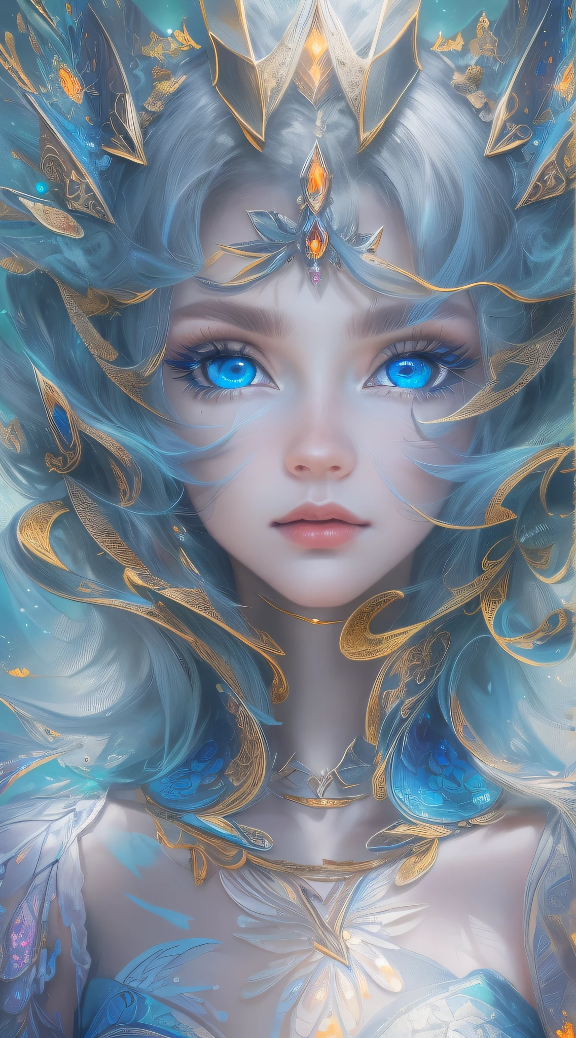 (Masterpiece, Top quality, Best quality, offcial art, Beauty and aesthetics: 1.2), (1 girl), Extreme detail, (((Vitreous blue eyes))),Sharp focus,(Fractal art: 1.3), Extremely colorful, suprem details, Perfect face, sportrait, hdr, starrysky, meteors, Light stripes, surrealism.