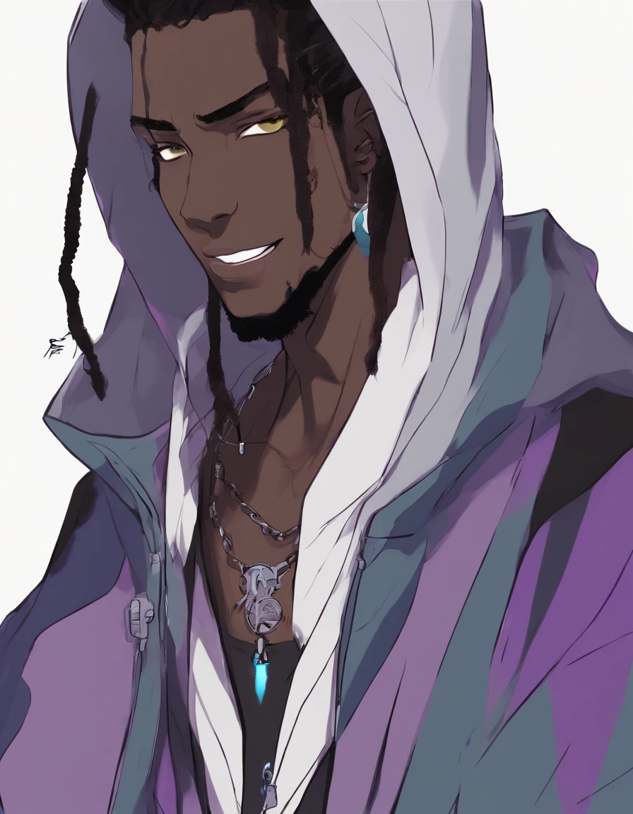 a drawing of an dark skin person with a black dreadlocks and a white shirt, wearing black hoodie with an yin Yang logo on it, halfbody portrait, tyler jacobson style, anime character, cel shaded:15, young anime man, androgynous appearance, shaggy dreadlocks, Smiling, teeth are slightly shown, blue eyes with purple irises, hetrochromia, androgynous faceAn mini