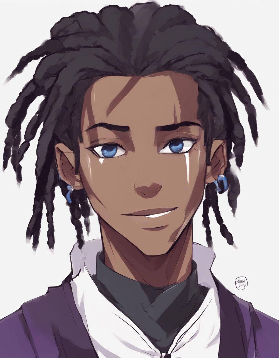 a drawing of an dark skin person with a black dreadlocks and a white shirt, wearing black hoodie with an yin Yang logo on it, halfbody portrait, tyler jacobson style, anime character, cel shaded:15, young anime man, androgynous appearance, shaggy dreadlocks, Smiling, teeth are slightly shown, blue eyes with purple irises, hetrochromia, androgynous faceAn mini