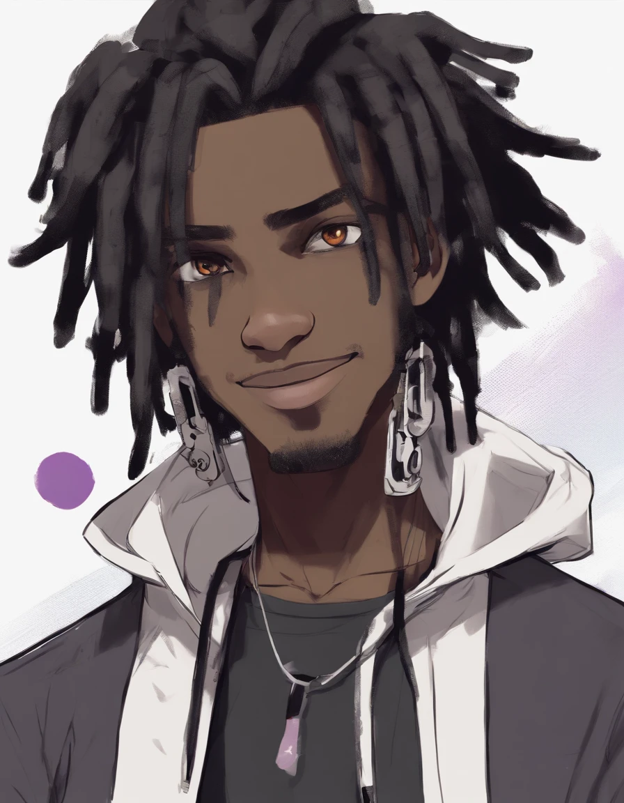 a drawing of an dark skin person with a black dreadlocks and a white shirt, wearing black hoodie with an yin Yang logo on it, halfbody portrait, tyler jacobson style, anime character, cel shaded:, young anime man, androgynous appearance, shaggy dreadlocks, Smiling, teeth are slightly shown, blue eyes with purple irises, hetrochromia, androgynous faceAn mini