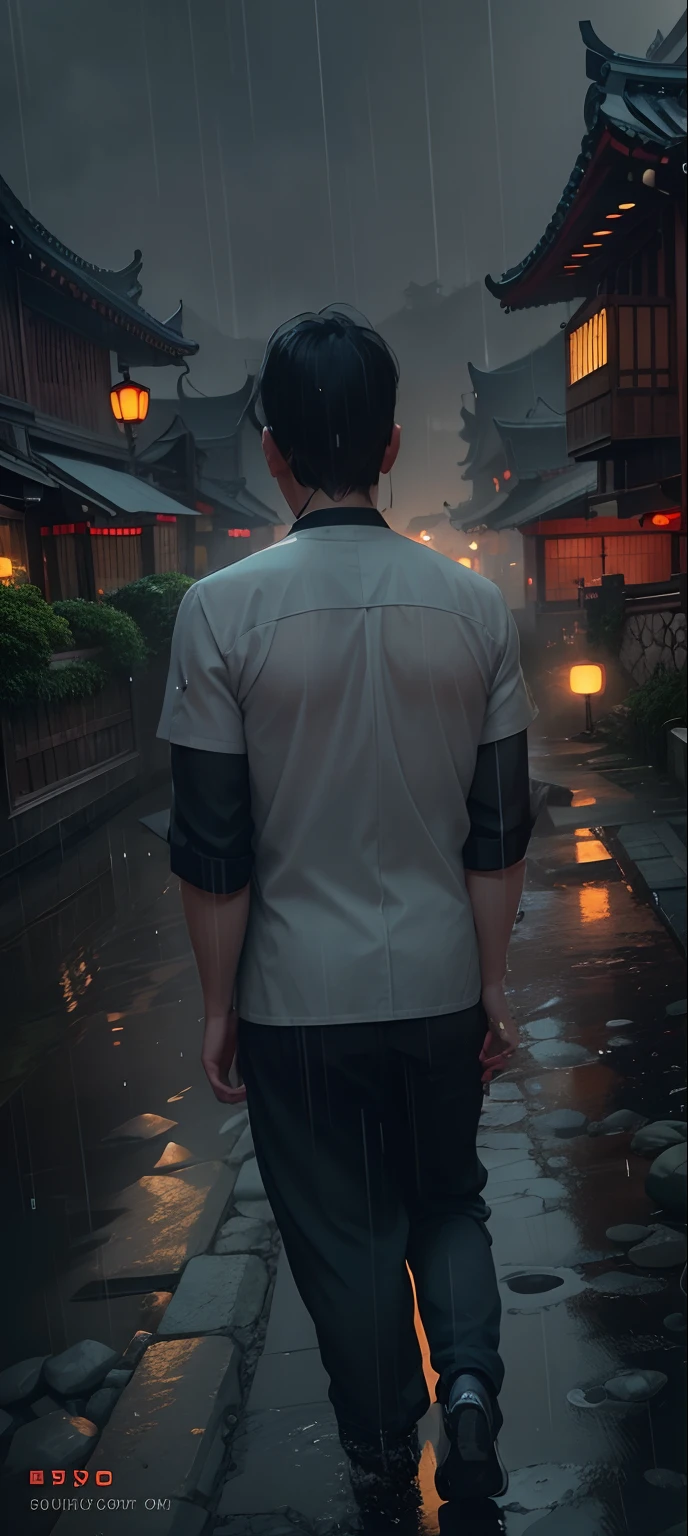 arafed view of a village with a lot of lights on the buildings, dreamy chinese town, chinese village, amazing wallpaper, japanese town, japanese village, hyper realistic photo of a town, old asian village, japanese city, by Raymond Han, rainy evening, cyberpunk chinese ancient castle, beautifully lit buildings, at evening during rain, beautiful and aesthetic, photography, cinematic, 8k, high detailed ((Heavy rain)))
