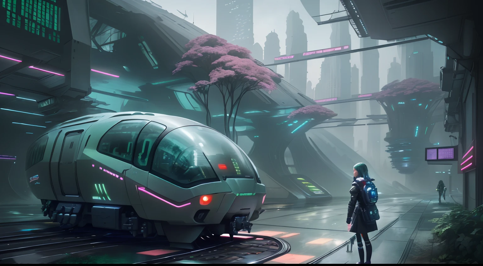 tmasterpiece,16k,UHD resolution,Detailed depiction,photorealestic,realisticlying,Very realistic,Foto realism, The ultra-detailliert, Futuristic woman in futuristic city with futuristic futuristic green city in background,green plant,Small flying machines sail around the city,Futuristic city with futuristic train and futuristic architecture, inspired by Marek Okon, Beautiful sci-fi art, Science-fi digital art illustration, Digital cyberpunk art, science fiction digital painting, futuristic digital painting, futuristic concept art, in front of a sci fi cityscape, science fiction digital art, Advanced digital cyberpunk art, dreamy cyberpunk girl