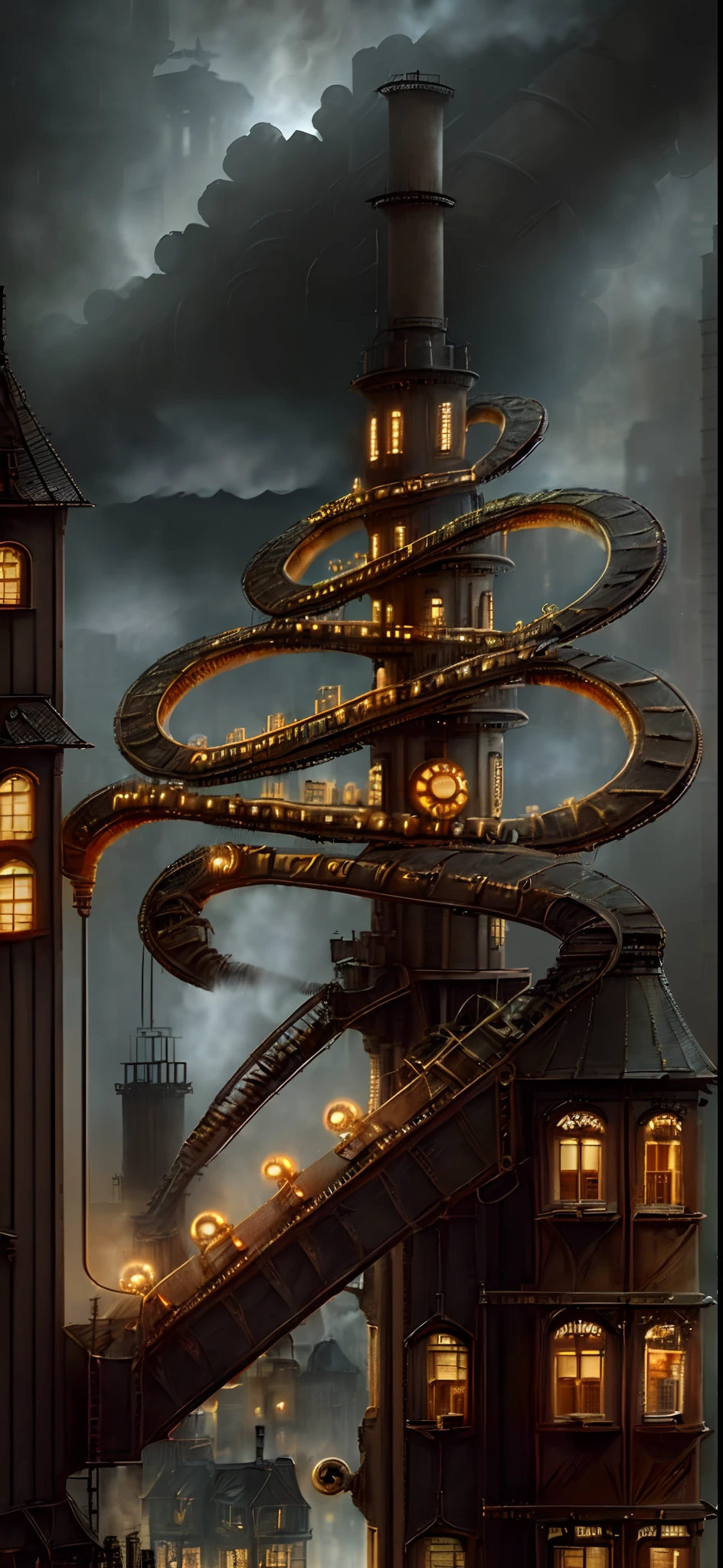 (((steampunc))),City,(((Crowded buildings))),Exposed gears and pipes,(((Dim light))),Flood the ground,((gear wheel)),((Thick tubes)),Covered bridge,The perspective is bottom-up, Reflects the height of the building,Dark weather,Smoking chimneys,(((Mechanical devices))),((Staggered wires)),Crowded city,Irregular building