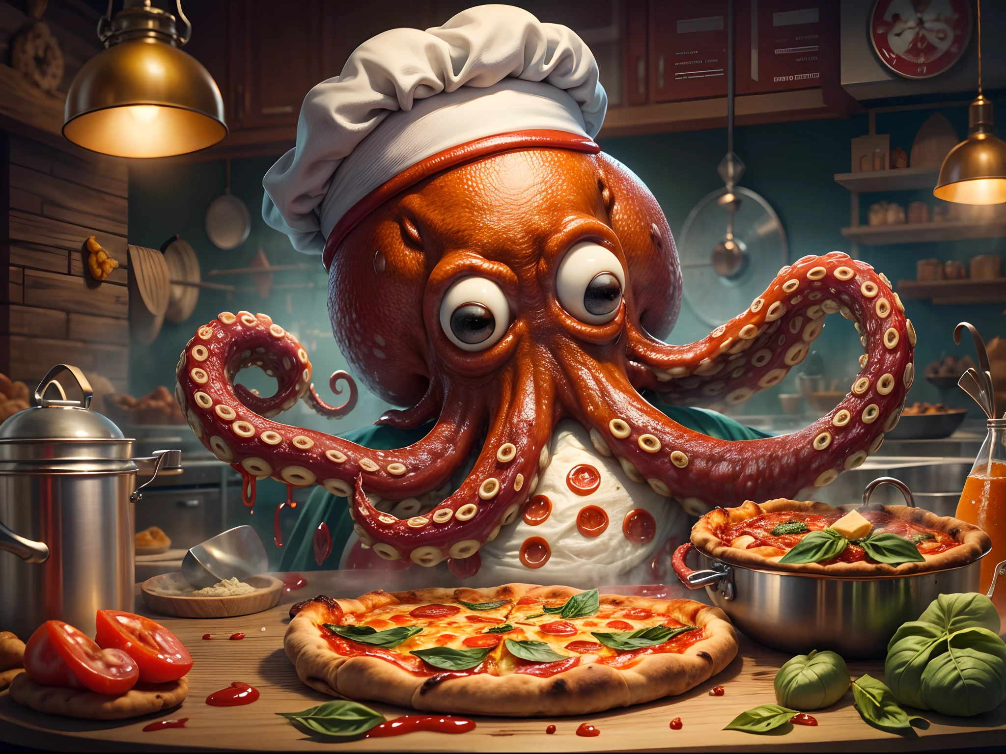 (surreal,fantasy) an octopus dressed as a skilled chef, (best quality,4k,highres:1.2),using its tentacles to prepare and bake a delicious pizza in a cozy kitchen. The chef octopus's eyes are filled with excitement as it carefully spreads a flavorful tomato sauce on a perfectly stretched homemade pizza dough. Its tentacles skillfully arrange a variety of fresh and colorful toppings, including gooey mozzarella cheese, juicy pepperoni slices, vibrant bell peppers, and aromatic basil leaves. The chef octopus's attention to detail is evident in the meticulous placement of each ingredient, creating a visually pleasing and mouthwatering masterpiece. The kitchen is adorned with charming culinary tools, and the chef octopus wears a traditional chef hat and apron, exuding professionalism in its culinary artistry. The scene is illuminated with warm and inviting lighting, showcasing the octopus chef's remarkable cooking skills. The vibrant colors of the ingredients pop against the background, creating a visually striking composition. The aroma of the pizza fills the air, evoking a sense of anticipation and delight. With its culinary expertise and whimsical charm, the octopus chef has truly mastered the art of baking a pizza with finesse and flair.