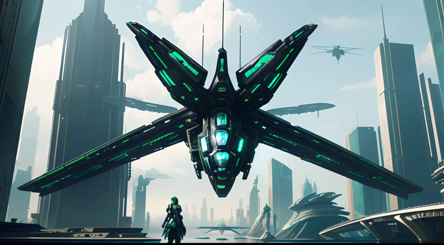 tmasterpiece,16k,UHD resolution,Detailed depiction,photorealestic,realisticlying,Very realistic,Foto realism, The ultra-detailliert, Futuristic woman in futuristic city with futuristic futuristic green city in background,green plant,Small flying machines sail around the city,Futuristic city with futuristic train and futuristic architecture, inspired by Marek Okon, Beautiful sci-fi art, Science-fi digital art illustration, Digital cyberpunk art, science fiction digital painting, futuristic digital painting, futuristic concept art, in front of a sci fi cityscape, science fiction digital art, Advanced digital cyberpunk art, dreamy cyberpunk girl