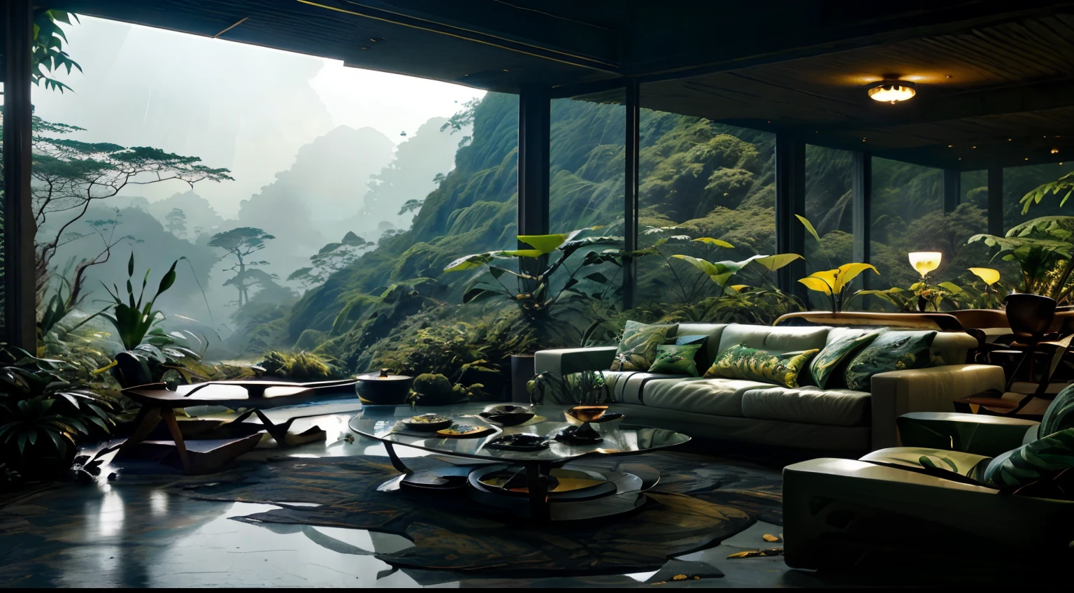 Sala de estar com vista para uma montanha e uma floresta, mountainous jungle setting, jungle setting, Como uma cena de Blade Runner, magical ambiance, pintura escura ultrarrealista, em um ambiente de selva, pleasant environment, floresta nublada, Selva bonita, ambiente mal-humorado, Inside an alien jungle, Selva exuberante, Plantas e selva, ambiente relaxante, montanhas da floresta tropical