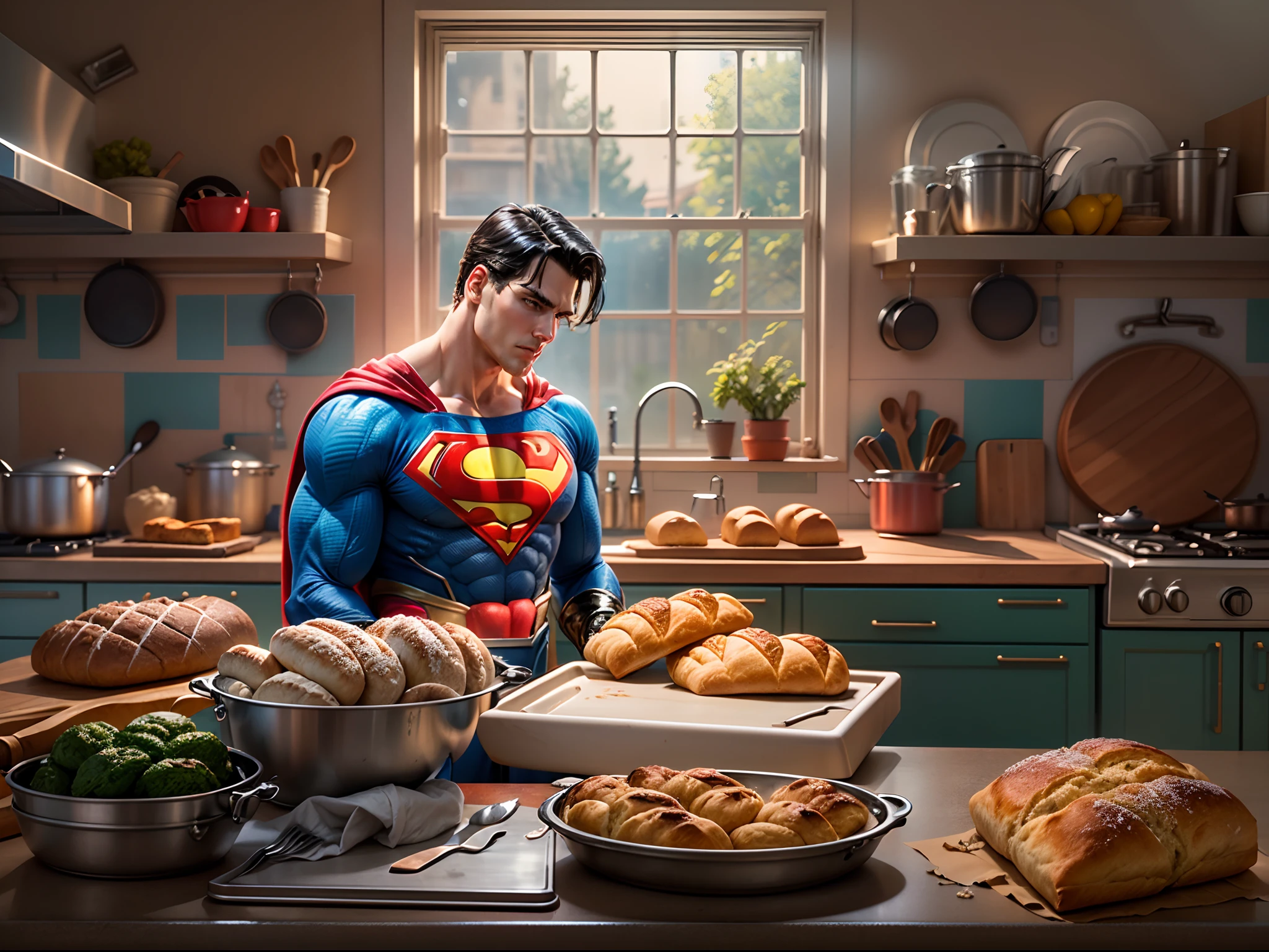 (best quality,4k,8k,highres,masterpiece:1.2),ultra-detailed,(realistic,photorealistic,photo-realistic:1.37),HDR,UHD,studio lighting,ultra-fine painting,sharp focus,physically-based rendering,extreme detail description,professional,vivid colors,bokeh,portraits

A Superman standing confidently in a well-lit, modern kitchen with large windows. He wears his iconic blue suit with the symbol of the House of El on his chest, complemented by a flowing red cape. The superhero's muscular frame is clearly defined, and his intense gaze reflects his determination.

Superman's eyes emit a powerful, vibrant laser beam as he looks towards a loaf of bread on a baking tray. The laser beam from his eyes is precisely focused, emanating a bright and vivid red color. The beam delicately touches the surface of the bread, gently toasting it to perfection.

The kitchen is filled with the aroma of freshly baked bread, and the air is filled with excitement and anticipation. The countertop is made of sleek granite, and the walls are adorned with beautiful, colorful artwork. A state-of-the-art oven stands beside Superman, showcasing advanced technology.

With each detail carefully captured, the image showcases the extraordinary power of Superman's laser vision and the precision with which he uses it to bake bread. The vibrant colors and ultra-detailed rendering bring the scene to life, making it a true artistic masterpiece.

The overall color palette of the image is rich and vibrant, accentuating the superhero's strength and the warmth of the kitchen. The lighting in the kitchen is perfectly balanced, casting soft shadows that add depth and realism to the scene. The composition emphasizes Superman's heroic presence, with the bread and baking tray positioned prominently in the foreground.

This portrait-like artwork beautifully captures the fusion of power, precision, and warmth as Superman utilizes his laser eyes to bake bread in an everyday kitchen setting.