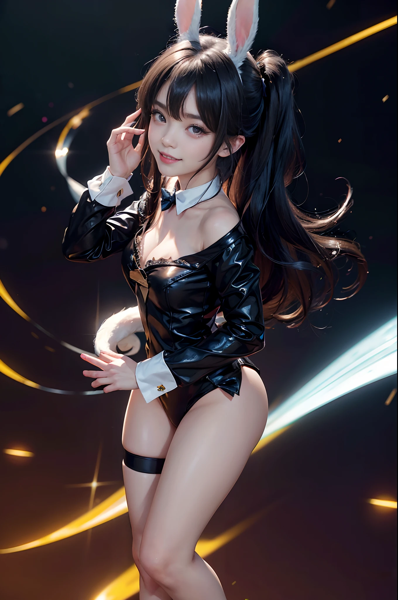 Girl，dressed in(Black Bunny Girl Uniform），Smile and look at the camera，（Black hair），（with a good figure），（Full body photo），with fair skin，Lovely super clear picture，（Five fingers fine），Hands are normal，（A real youkai），8K，Ultra-clear image quality，Black Bunny Girl Uniform，With rabbit ear hairpins