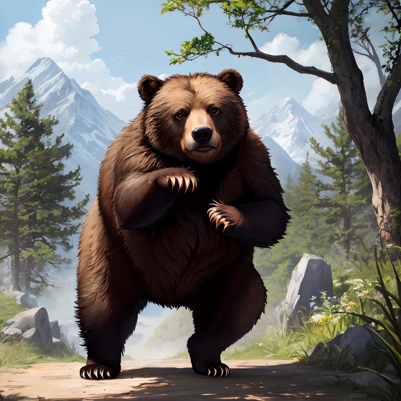 Best quality,Ultra-detailed,Realistic,Portrait of a bear,Brown fur,Wildlife,Nature,Sharp claws,Strong physique,bushy tail,Solitary animals,Masterpiece:1.2,bear,lifting one leg,standing on your feet,florals,White belly,Face forward。