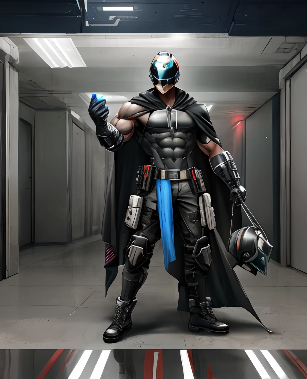 male, muscular male, helmet covering all of face, cyberpunk style helmet, cloak, utopian suit