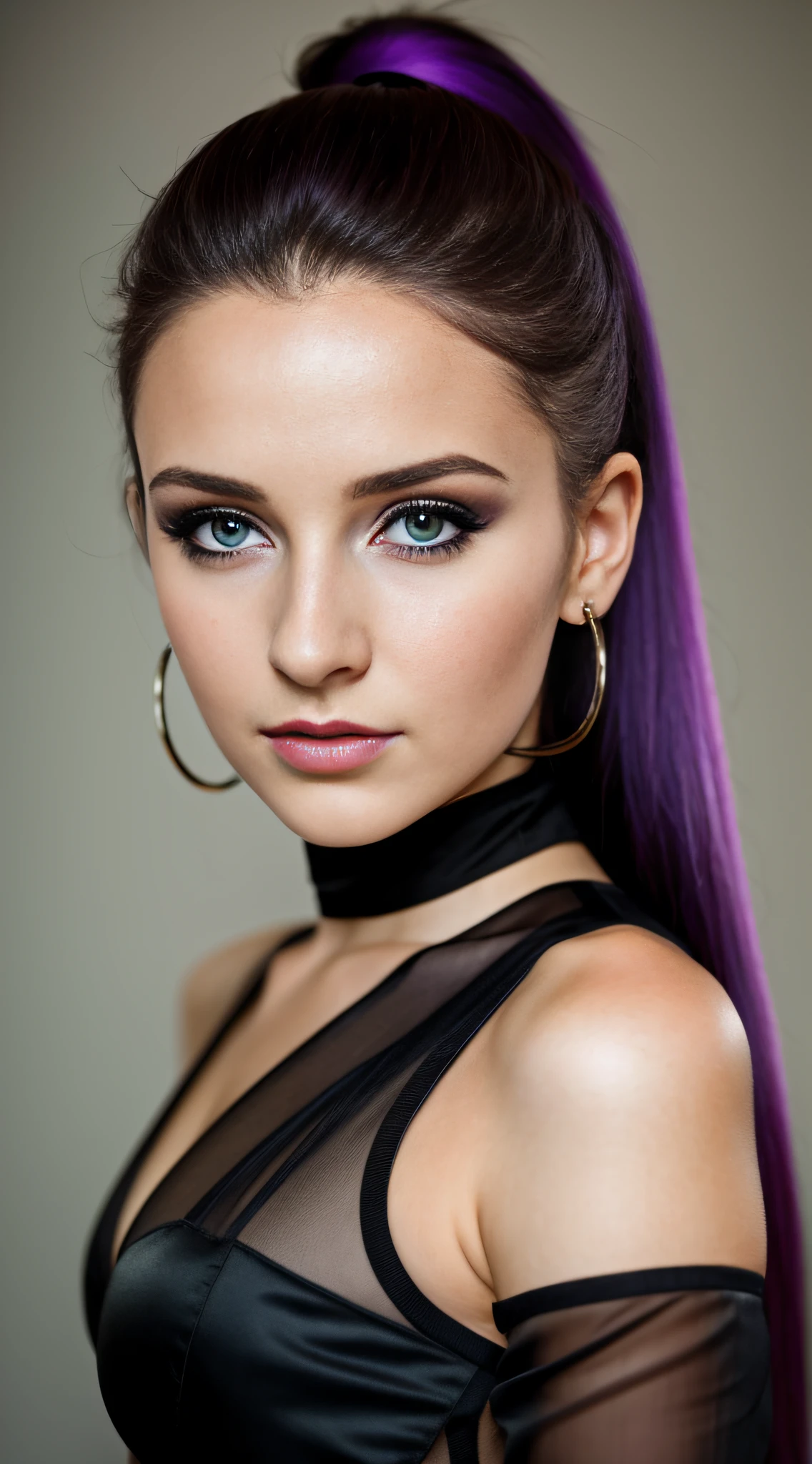 RAW photo of young English woman, color photograph, half body length from waist portrait, ((a realistic photo of a beautiful young 18yo girl)), (Cyber_Girl_V3:0.99), light, ((glowy skin)), looking_at_viewer, (fit body:1.0), sexy, erotic pose, double ponytail, dark purple hair, wing eyeliner, dark make up, masterpiece, high quality, realistic, very detailed face, gothic