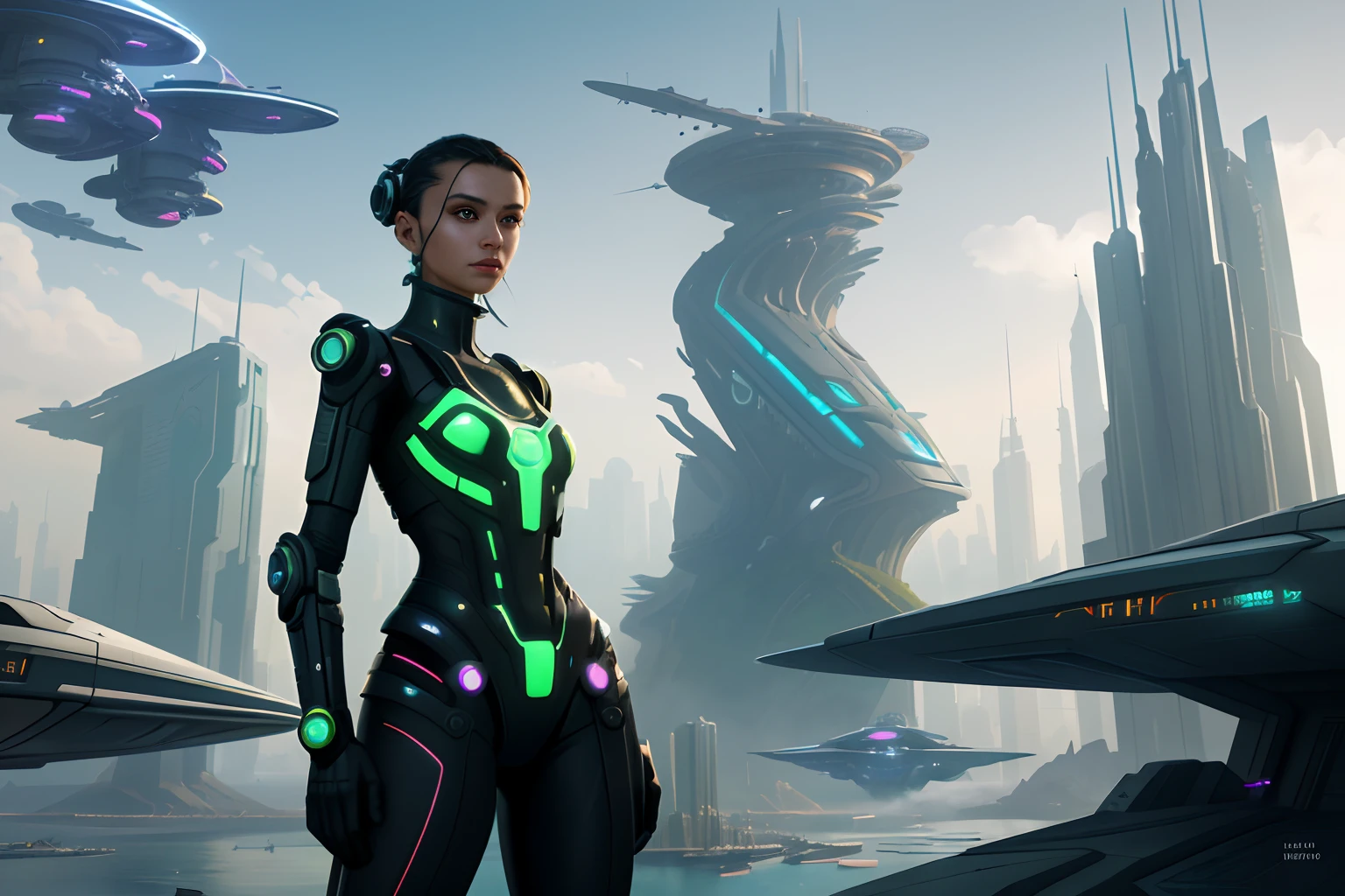 tmasterpiece，16k，UHD resolution，Detailed depiction，photorealestic，realisticlying，Very realistic，Foto realism, The ultra-detailliert, Futuristic woman in futuristic city with futuristic futuristic city in background,green plant，Small flying machines sail around the city，Futuristic city with futuristic train and futuristic architecture， inspired by Marek Okon, Beautiful sci-fi art, Science-fi digital art illustration, Digital cyberpunk art, science fiction digital painting, futuristic digital painting, futuristic concept art, in front of a sci fi cityscape, science fiction digital art, Advanced digital cyberpunk art, dreamy cyberpunk girl
