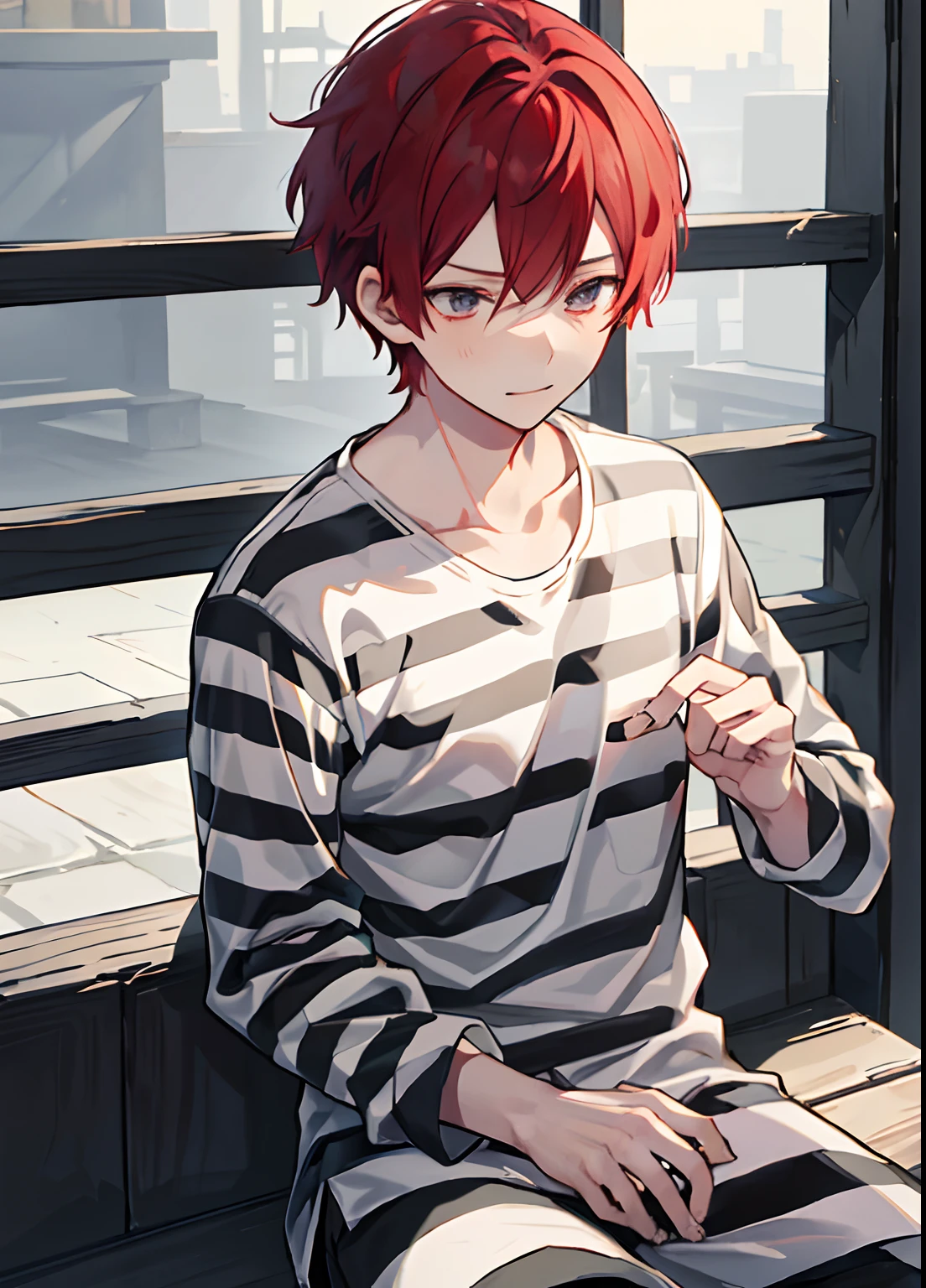 1boy, Handsome man,  Solo,Very short red hair, red hair, up looking_で_viewer, ((masutepiece,Best Quality)), Beautiful detailed eyes, beautifull detailed face、Sleepy face、sleepy expression、A slight smile, (((priclothes))), (((striped clothes))), shirt, outfit, (long sleeves), prisoner, clothes, clothing, black and white stripes, prison cell, young, tight clothes