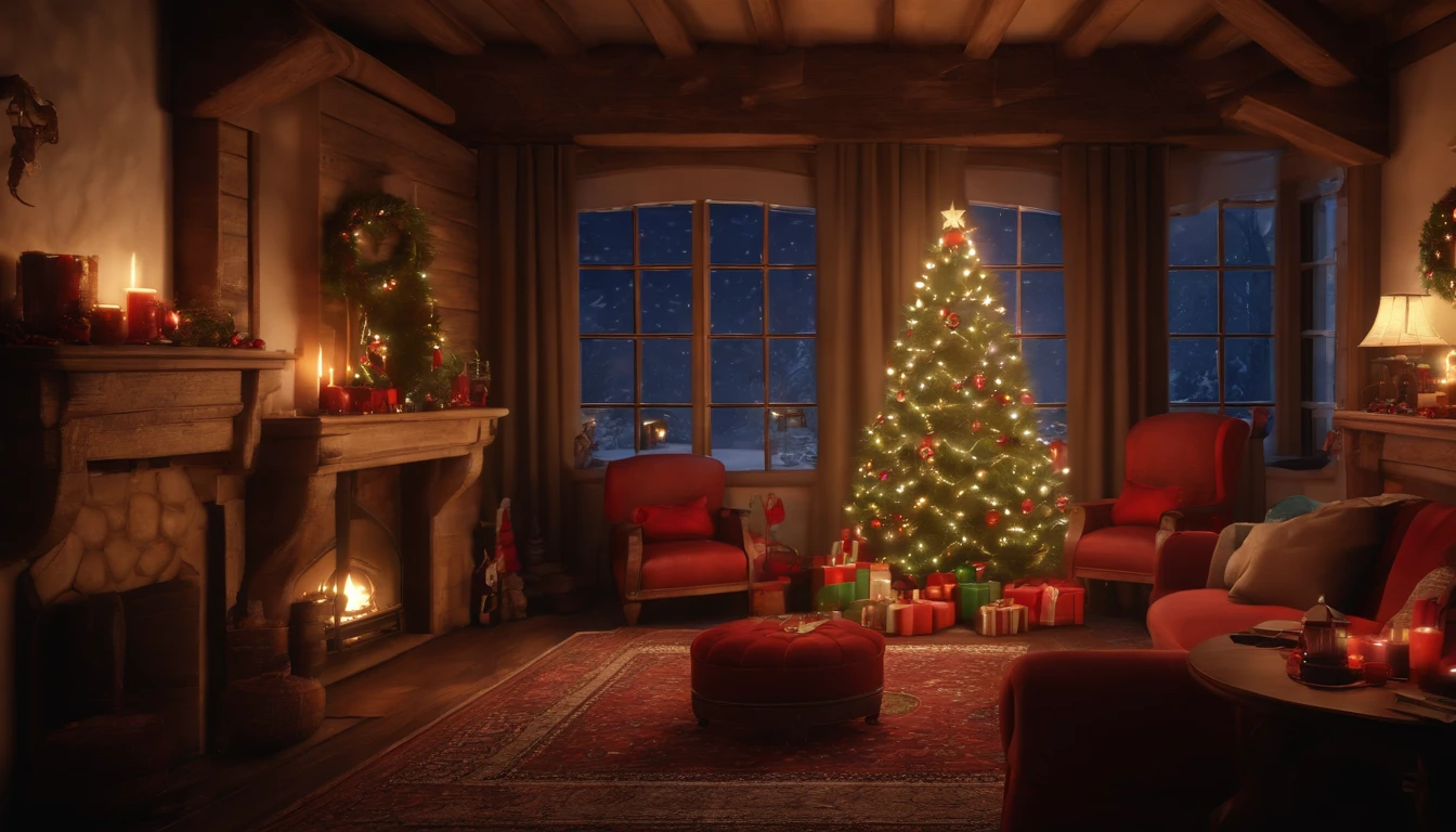 arafed room with a christmas tree and a fireplace in it, cozy home background, cozy living room background, santa's workshop, cosy enchanted scene, cozy wallpaper, cozy and peaceful atmosphere, highly detailed scene, cozy place, 8k high quality detailed art, cozy environment, cozy atmosphere, rendered in the unreal engine, designed for cozy aesthetics!, rendered in unreal 5
