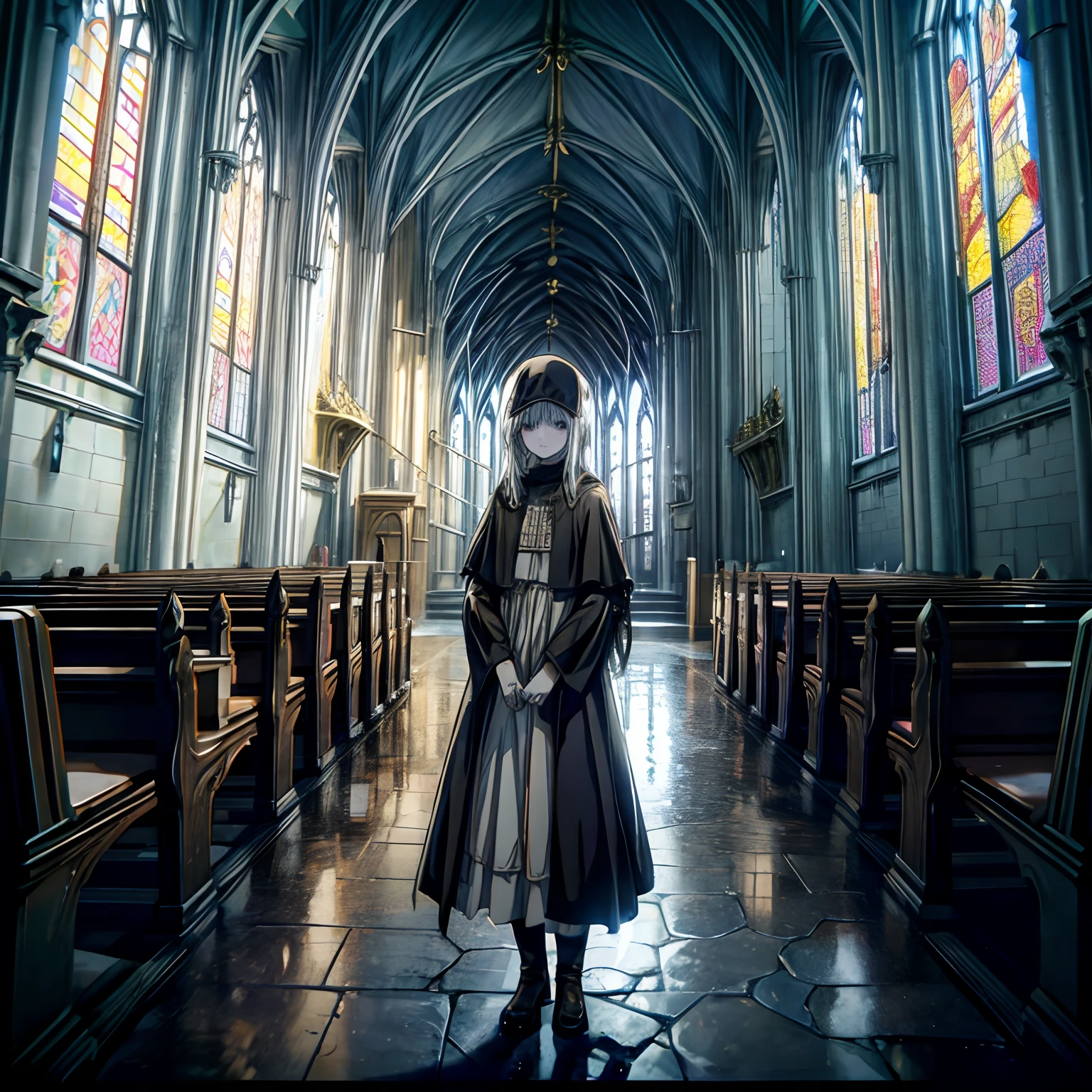 fisheyelens, Portrait of a medieval girl standing inside a Gothic church, Wet stone, Puddles,Dramaticlight, low tune, luz de velas