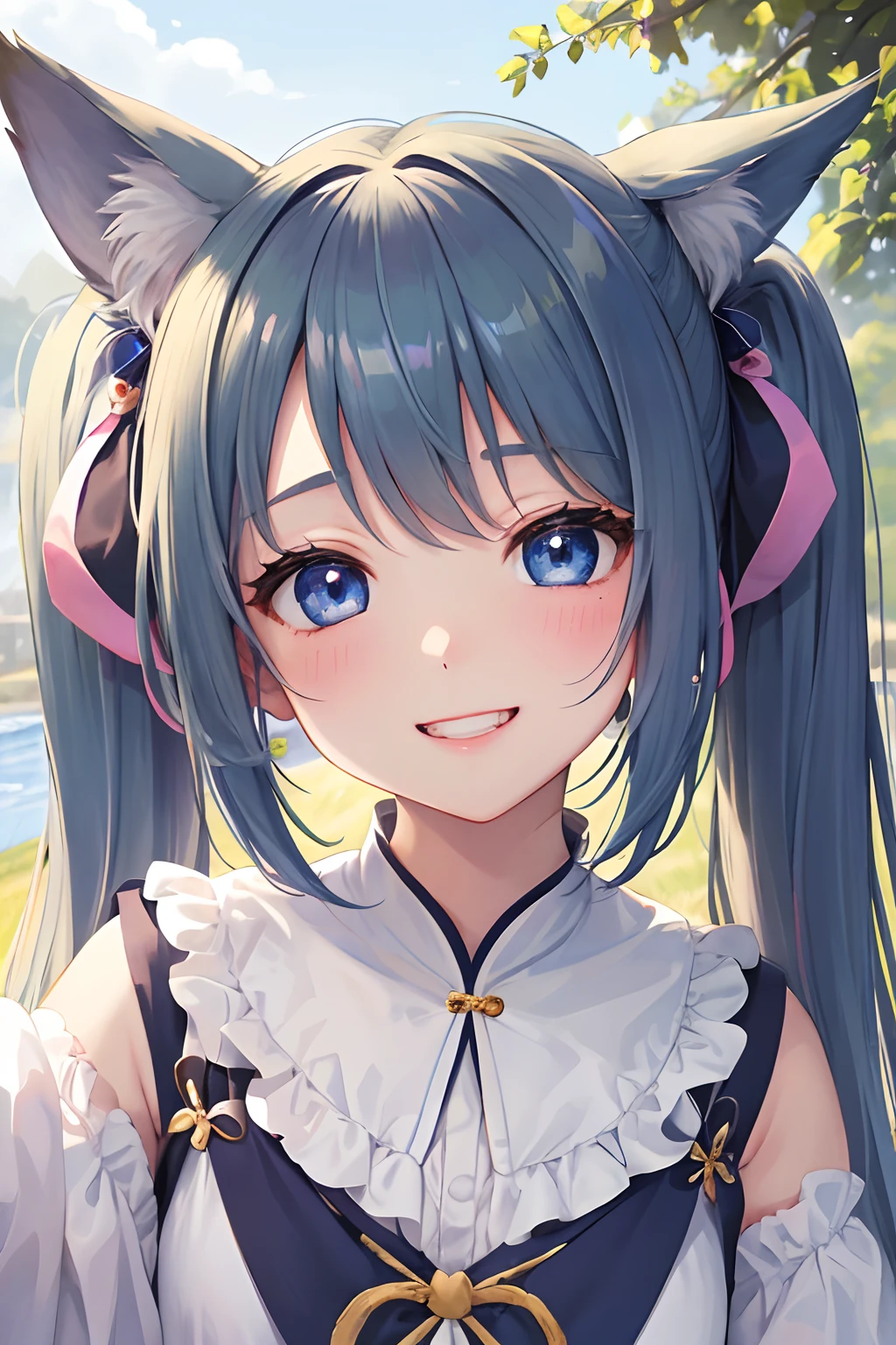 ​masterpiece:1.2、hightquality、top-quality、hight resolution、detaileds、A hyper-realistic、２０Beauty of the same age、long hair with pink twin tails,,,,,,,,、Beautiful blue eyes、tilt of the head、morning glow、Green grass々Shigi々、birdie、rainbows、portlate、Lovely smile、showing teeth、(A detailed face)、((foco nítido))、((faces))、The upper part of the body_Body