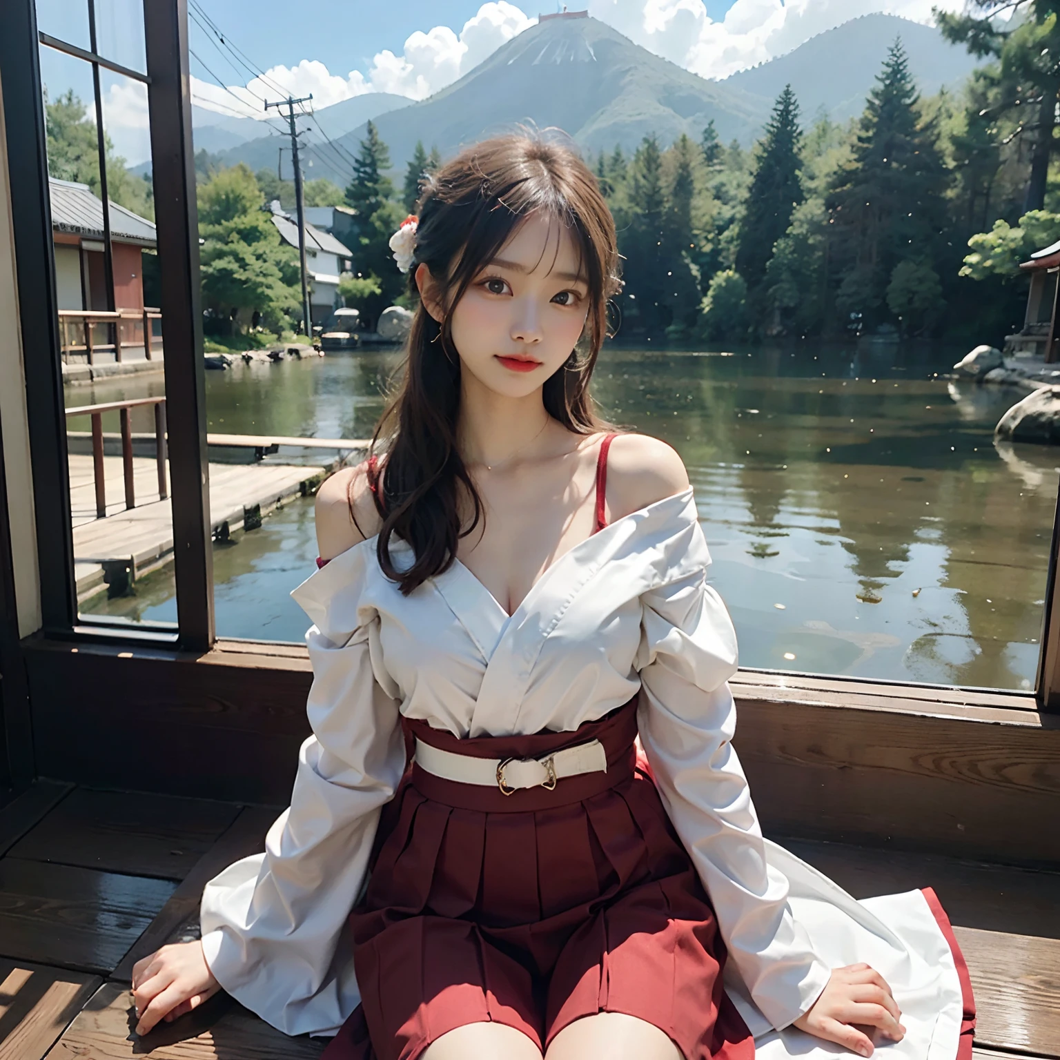 Woman in red skirt and white shirt is taking pictures, japanese girl school uniform, hakama kimono, Japan school uniform, Collar white and red, A Japanese style, Red kimono, Japanese style, traditional japanese, Wearing Hakama, japanese kimono,Landscape in the background, ,Ultra-high image quality,No bra,feet visible ,You can see the valley ,cleavage of the breast ,Furisode ,Wide sleeves ,Wearing a priestess uniform ,shoulders can be seen ,Shoulder skin is visible ,Shoulders exposed ,wide open legs ,Opening legs ,Sedentary position ,Open your legs ,Pants are visible ,Open legs ,Chest revealed ,breasts looking
