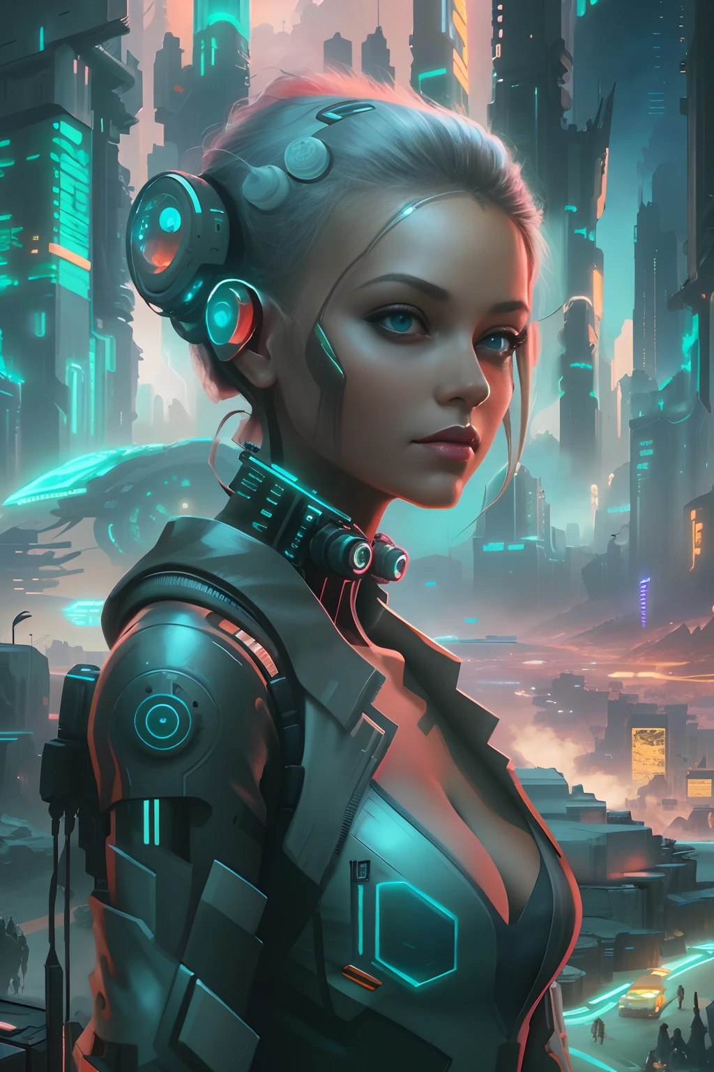 Futuristic woman in futuristic city with futuristic futuristic city in background, inspired by Marek Okon, Beautiful sci-fi art, Science-fi digital art illustration, Digital cyberpunk anime art, science fiction digital painting, futuristic digital painting, futuristic concept art, in front of a sci fi cityscape, science fiction digital art, Advanced digital cyberpunk art, dreamy cyberpunk girl