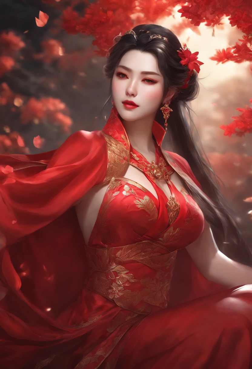 A beautiful woman with perfect curves wearing a long red dress that gently flutters in the air,The beautiful woman was lie down in a sea of beautiful flowers surrounding her, Chinese traditional, her flexible body increasing with every movement, So enchanting, the dim candlelight, the glowing butterflies fighting the darkness of the night, the light of the moon, The night wind blowing the curtains, the red flower petals , flower petals flying around the room, Chinese dancing, This woman is so beautiful that she attracts everyone who watches her, ancient China, imperial empress
