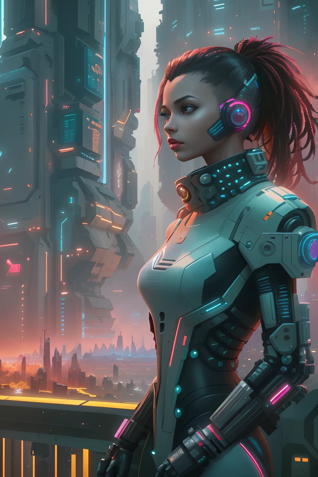Futuristic woman in futuristic city with futuristic futuristic city in background, inspired by Marek Okon, Beautiful sci-fi art, Science-fi digital art illustration, Digital cyberpunk anime art, science fiction digital painting, futuristic digital painting, futuristic concept art, in front of a sci fi cityscape, science fiction digital art, Advanced digital cyberpunk art, dreamy cyberpunk girl