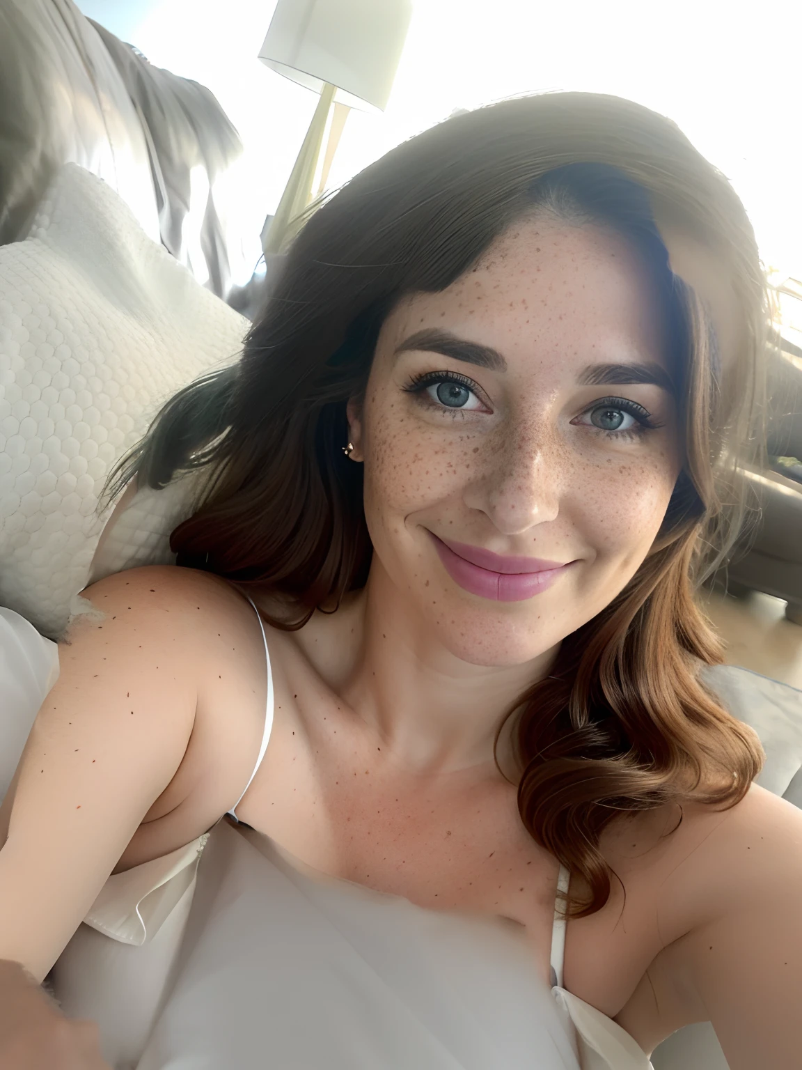 smiling woman laying on the couch with a remote control in her hand, 30 years old woman, 3 0 years old woman, relaxing and smiling at camera, selfie shot straight on angle, 3 2 years old, 3 6 years old, 38 years old, 40 years old women, ((wearing a maid dress)), ((nose freckles)), ((hint of freckles)), ((cleavage showing)), ((medium size boobs)),  ((woman with freckles)), ((hint of shoulder freckles)), ((freckles!!!)), ((freckled arms)), ((freckled chest!!!))