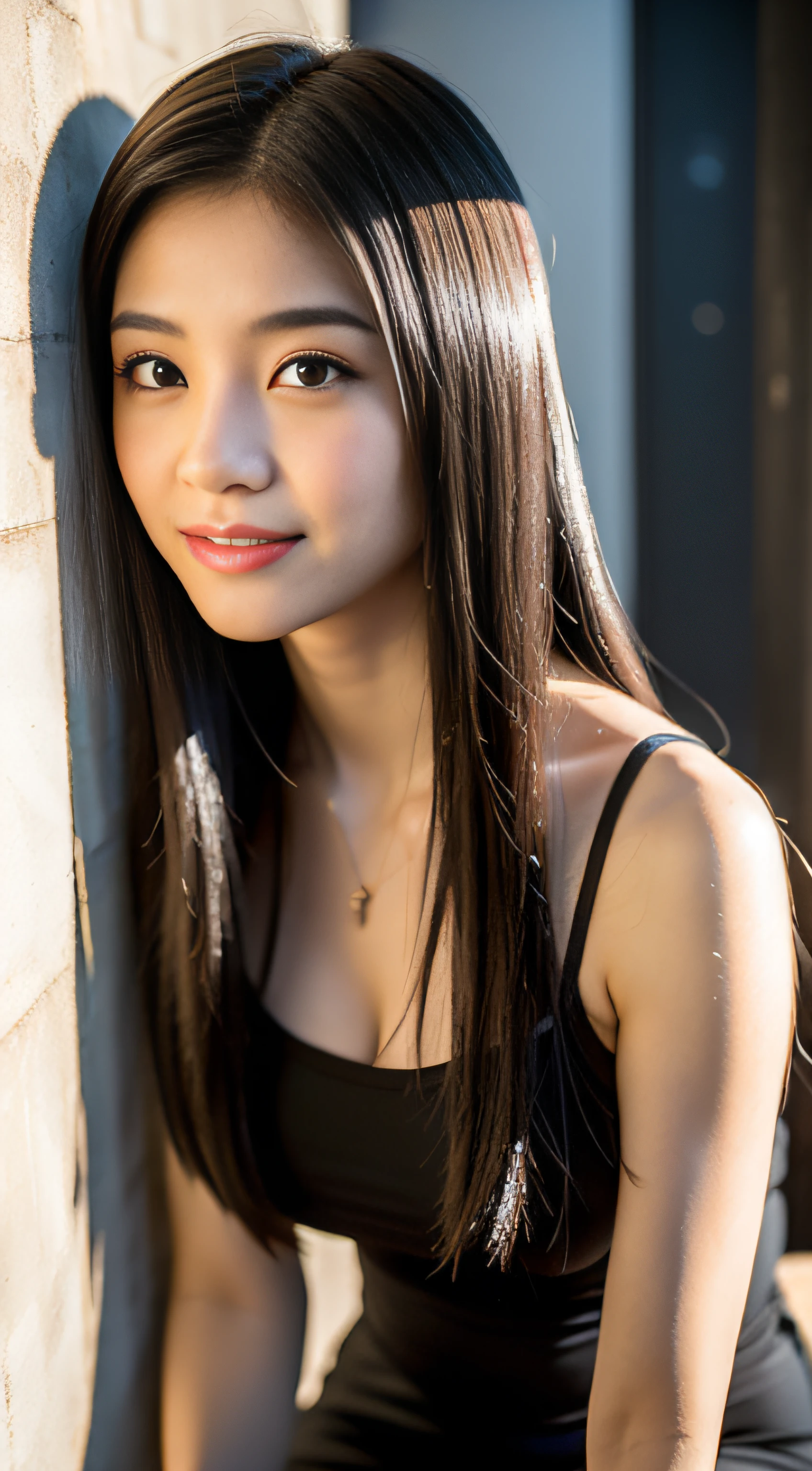 (8K分辨率,Full body photo of the vista,Photographs of legs),(one female,20yr old,(The facial features of Thai Aump:1.8,Thin skeletal cheeks,s delicate face),com rosto detalhado,Lovely face,详细的脸,Ultra-fine makeup,Black colored eyes,(Look into the camera),Long dark red hair,(Messy has layers),Redlip,Fair smooth skin,(Best Skin Type:1.21),mediuml breasts,((Daily casual wear,There are cutouts)),Tall and tall,The movement of crossing your hands,perfect hand,Ultra-fine clothing material),(Pitch black room,Model sitting behind a desk,Intense light and shadow projection,Mosaic background wall,Exquisite environmental details),(exhilarated,confident smile,Rejoice),(profesional lighting),((The colors are relatively uniform,Noble sexy,vivaciousness,rays of sunshine(black in color,white colors))),(Golden section,Cinema lenses,Hasselblad photograp,tmasterpiece:1.3),(adolable,vivaciousness,mistic,Celebrity,trendsetting,Artis,Art platform)