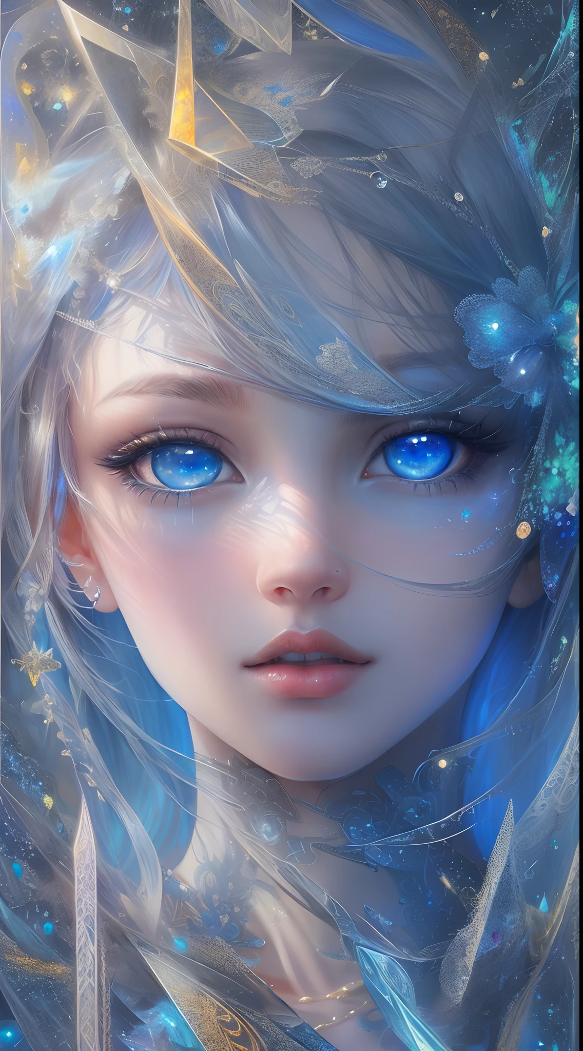 (Masterpiece, Top quality, Best quality, offcial art, Beauty and aesthetics: 1.2), (1 girl), Extreme detail, (((Vitreous blue eyes))),Sharp focus,(Fractal art: 1.3), Extremely colorful, suprem details, Perfect face, sportrait, hdr, starrysky, meteors, Light stripes, surrealism.