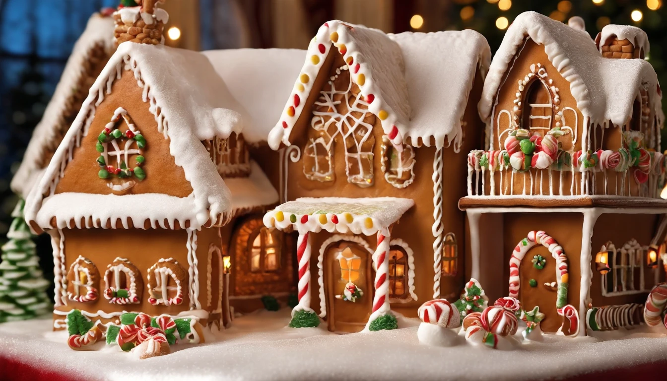 (best quality,ultra-detailed),gingerbread house,whimsical,ornate,delicate icing work,elaborate decorations,meticulous craftsmanship,impressive architectural details,candy-covered roof,colorful gumdrop accents,sugar glass windows,festive holiday-themed,cozy and inviting,storybook-like setting,enchanting atmosphere,stunning gingerbread creation,meticulously handcrafted masterpiece,rich textures and patterns,vibrant colors,playful and imaginative design,1 gingerbread house surrounded by a snowy landscape,soft and warm light,sparkling sugar snowflakes,festive atmosphere,homemade touch,artistic and detailed candy decorations,realistic texture of the gingerbread walls,beautifully piped royal icing,dainty and intricate gingerbread shapes,whimsical candy cane fence,adorable gingerbread people,charming and whimsical,cozy fireplace inside the house,smell of freshly baked gingerbread,joyful and festive mood,happy memories of family gatherings,delicious and inviting,culinary masterpiece.