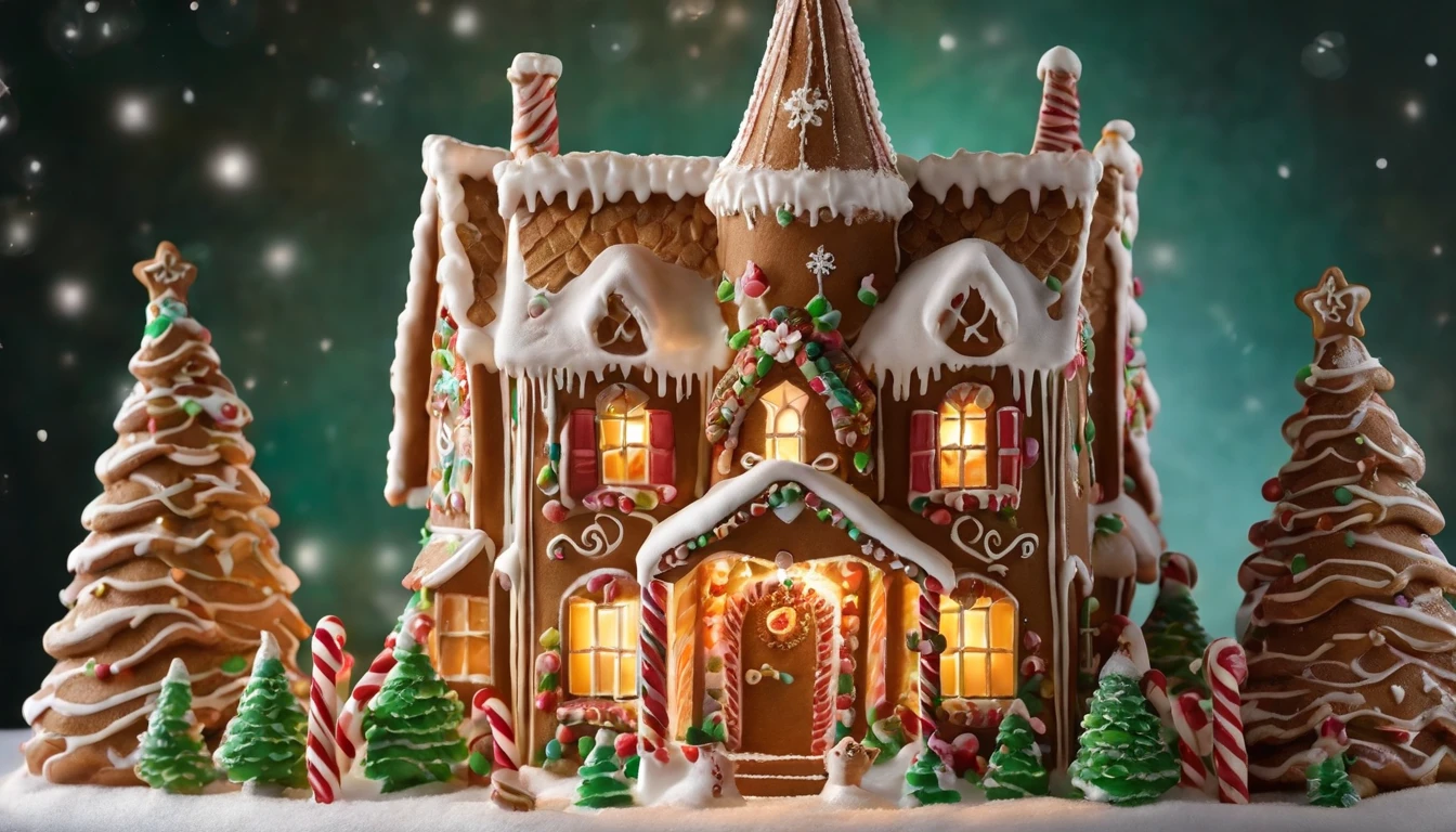 (best quality,ultra-detailed),gingerbread house,whimsical,ornate,delicate icing work,elaborate decorations,meticulous craftsmanship,impressive architectural details,candy-covered roof,colorful gumdrop accents,sugar glass windows,festive holiday-themed,cozy and inviting,storybook-like setting,enchanting atmosphere,stunning gingerbread creation,meticulously handcrafted masterpiece,rich textures and patterns,vibrant colors,playful and imaginative design,1 gingerbread house surrounded by a snowy landscape,soft and warm light,sparkling sugar snowflakes,festive atmosphere,homemade touch,artistic and detailed candy decorations,realistic texture of the gingerbread walls,beautifully piped royal icing,dainty and intricate gingerbread shapes,whimsical candy cane fence,adorable gingerbread people,charming and whimsical,cozy fireplace inside the house,smell of freshly baked gingerbread,joyful and festive mood,happy memories of family gatherings,delicious and inviting,culinary masterpiece.