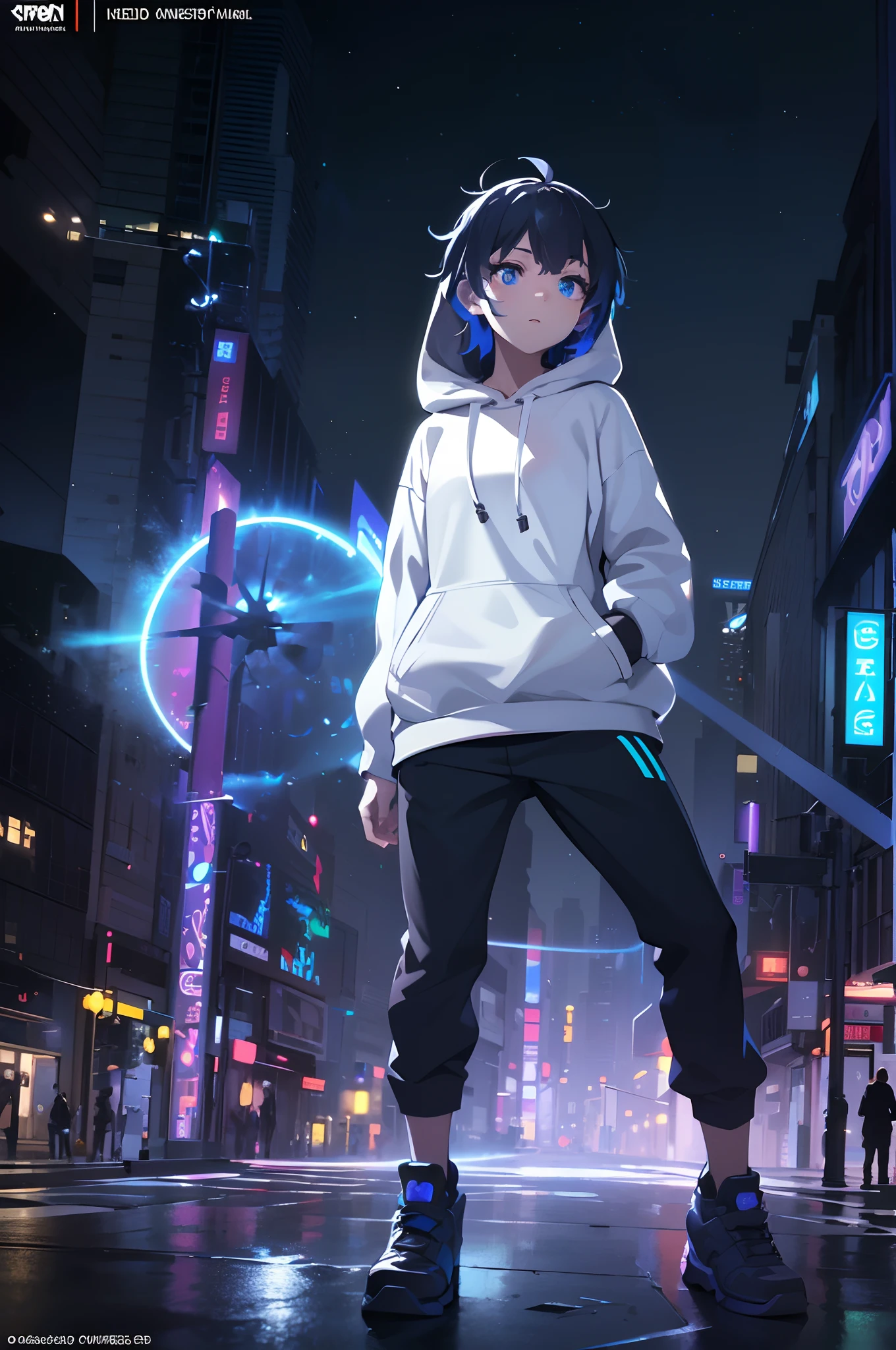 (Dynamic Angle:1.4), ((Full body posing:1.5), (Colorful:1.2), (Highly detailed CG Unity 16K wallpaper:1.1), (Denoising strength: 1.45), (tmasterpiece:1.37), ((Official art)), of the highest quality, (Realistic), Cyberboy,Deformed Character, (Short-cut hair:1.2),(Hooded clothing:1.5),Black hair,Glowing eyes,(blue eyess:1.2),((Poses in motion:0.9)),((Wearing a hood:1.3)),wires, (LED:1.3), (a hologram:1.2), futuristic city street, Neon light, Skyscrapers, (Night:1.2), (Rainbow Model:1.2), 8K resolution, (Anime style:1.3), Cinematic lighting, chromatic abberation, spark of light, Ray tracing, blending, ultra wide-angle,  Hasselblad, (masutepiece), (masutepiece), ((Best Quality)), ((masutepiece)), nffsw