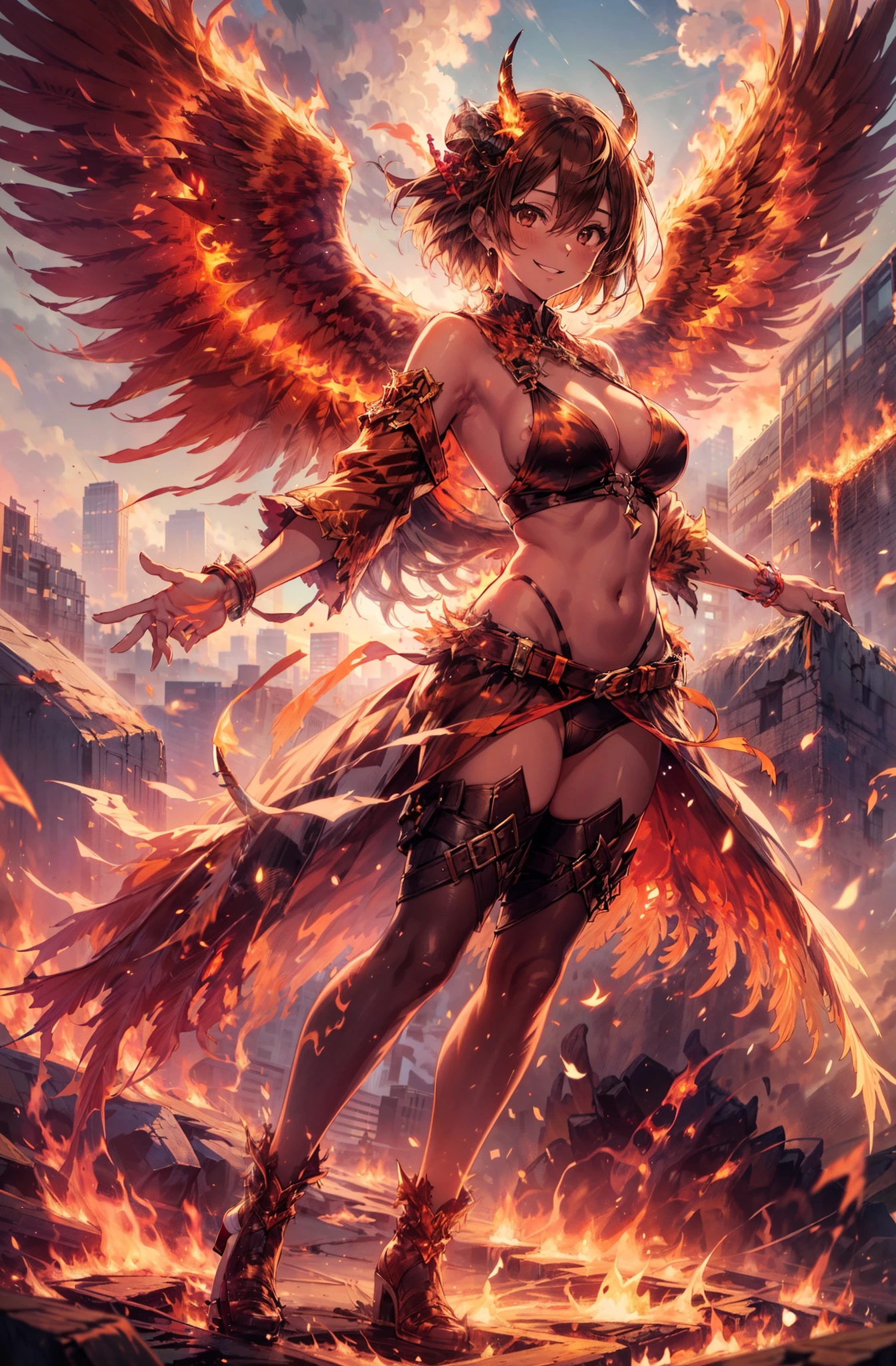 (masutepiece, Best Quality:1.2), (1girl in, Solo), 20yr old, Upper body, (Undressing, No outerwear), White Bikini, (Brown Short Hair, Brown eyes), (the whole body is on fire, (Burning Devil's Horn:1.1)), Smile, Flapping Phoenix, nigh sky, No building background