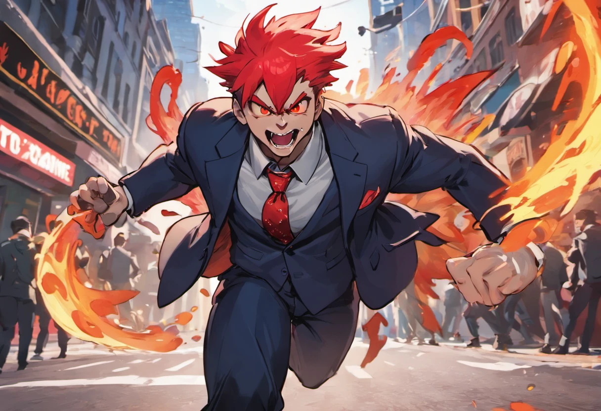 teenager running down the street, panting, wearing a suit