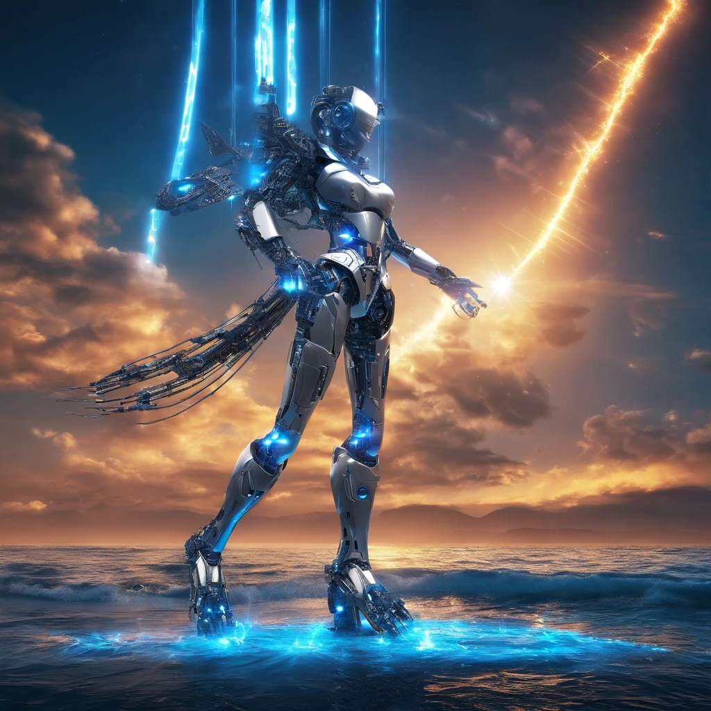 The woman steps barefoot into the waves, sending countless stars into the sky. A blue flame surges from beneath her, silent yet fierce, masterpiece, best quality
