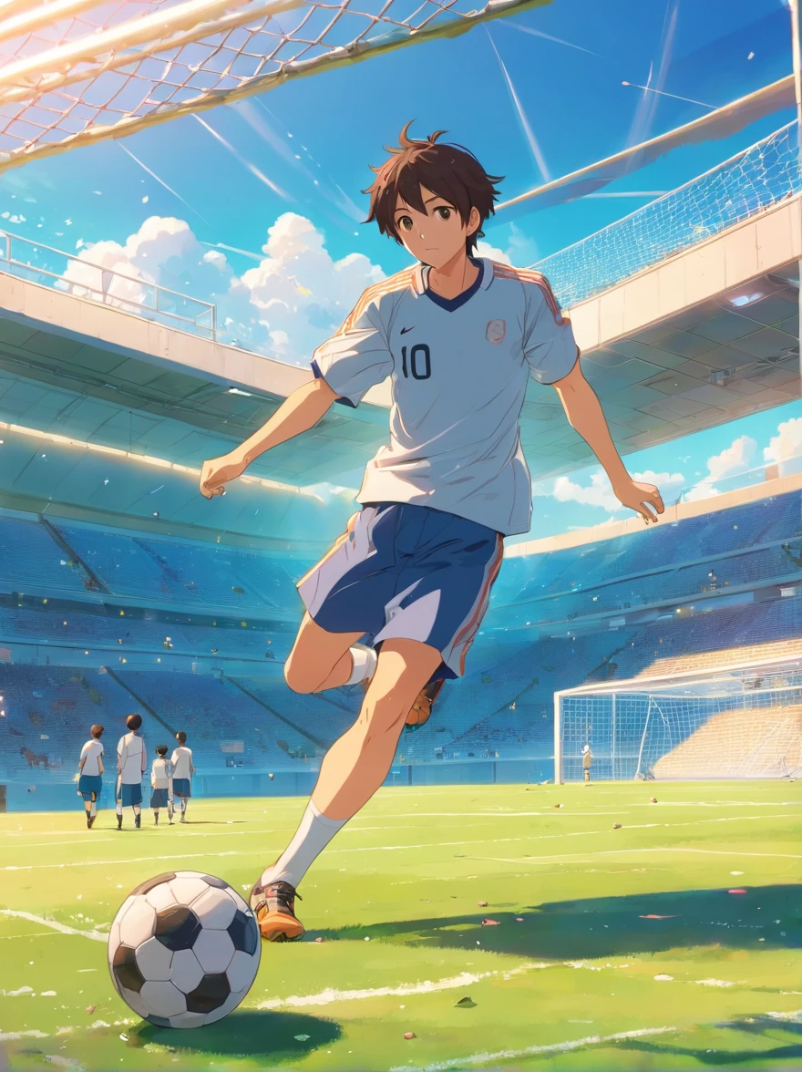 A man is playing football，soccer court