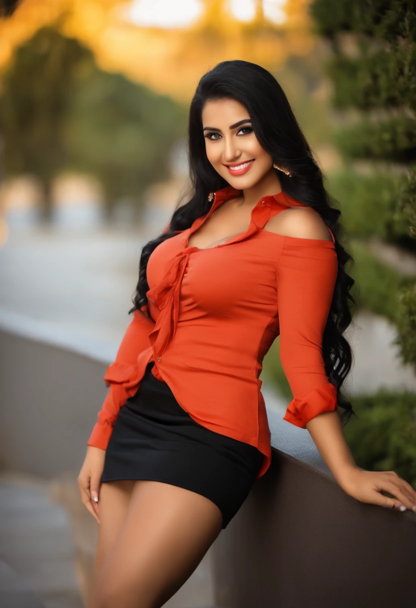 professional, (4k photo:1.1) by (south indian 30 years old women), (Sharp focus:1.3), high detail, wearing (lowcut shirt:1.2), beautiful detailed face, hazel eyes, long black hair, (attractive young woman:1.3), (seductive:1.1), (blushing:1.1), thick body shape, large round big breasts, wide thicc hips, tight outfit, tight attire, smiling seductively, pretty face, perfect black haired girl, satisfied pose, cute seductive smile, beautiful blonde girl, good young girl, beautiful angle, attractive pose, cute girl, sexy pose, full body picture, full body, wearing black mini skirt and boots, don't blur backgroud, short height,