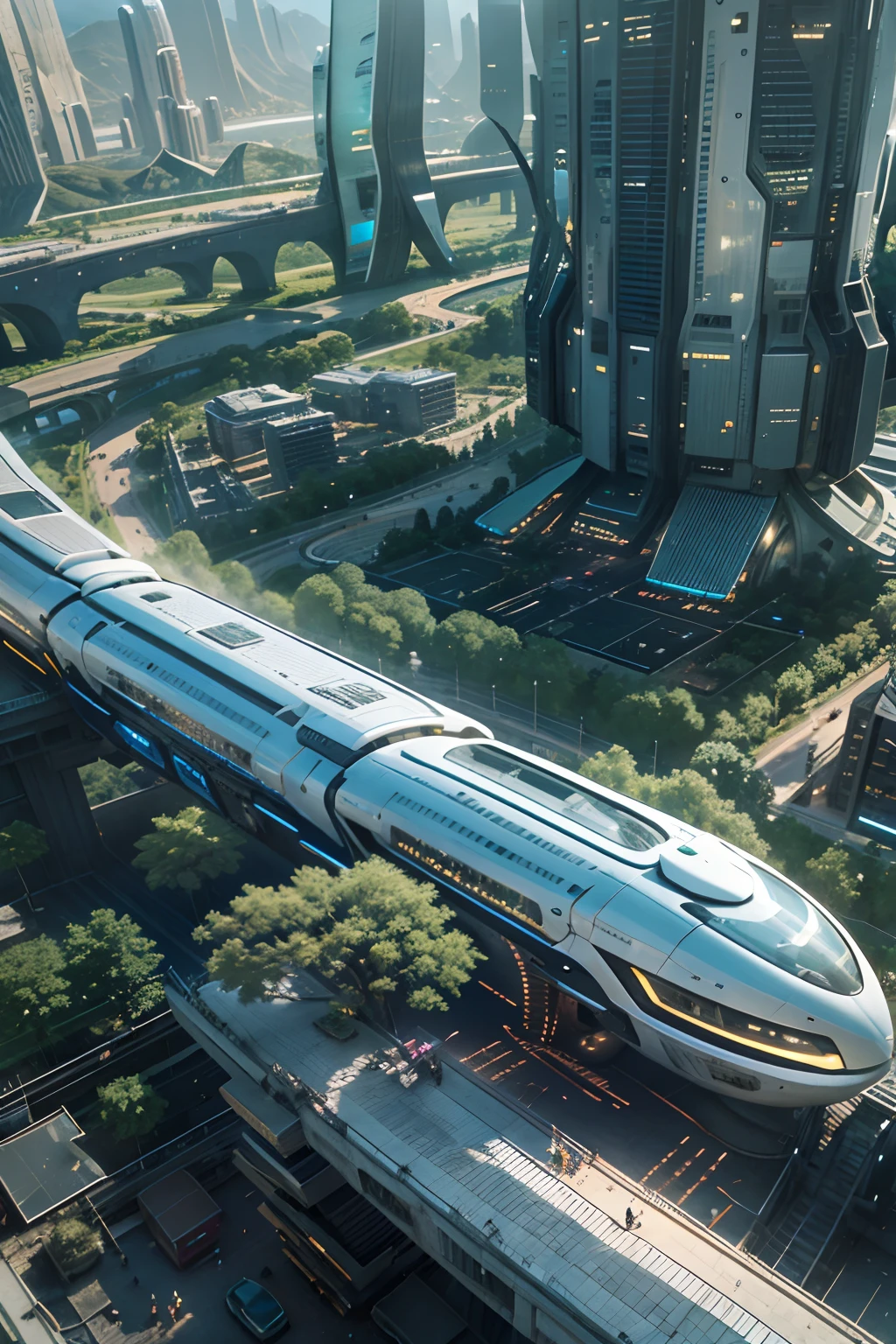 tmasterpiece,16k,UHD resolution,Detailed depiction,photorealestic,realisticlying,Very realistic,Foto realism, The ultra-detailliert, ((Future girl by the window)),green plant,Small flying machines sail around the city,Futuristic city with futuristic train and futuristic architecture, future concept art, Other future cities, in fantasy sci - fi city, Beautiful futuristic city, Utopian cities of the future, Conceptual image 16K resolution, concept art 8k resolution, The future city, futuristic space port, Conceptual diagram 16K, sci-fi hollywood concept art