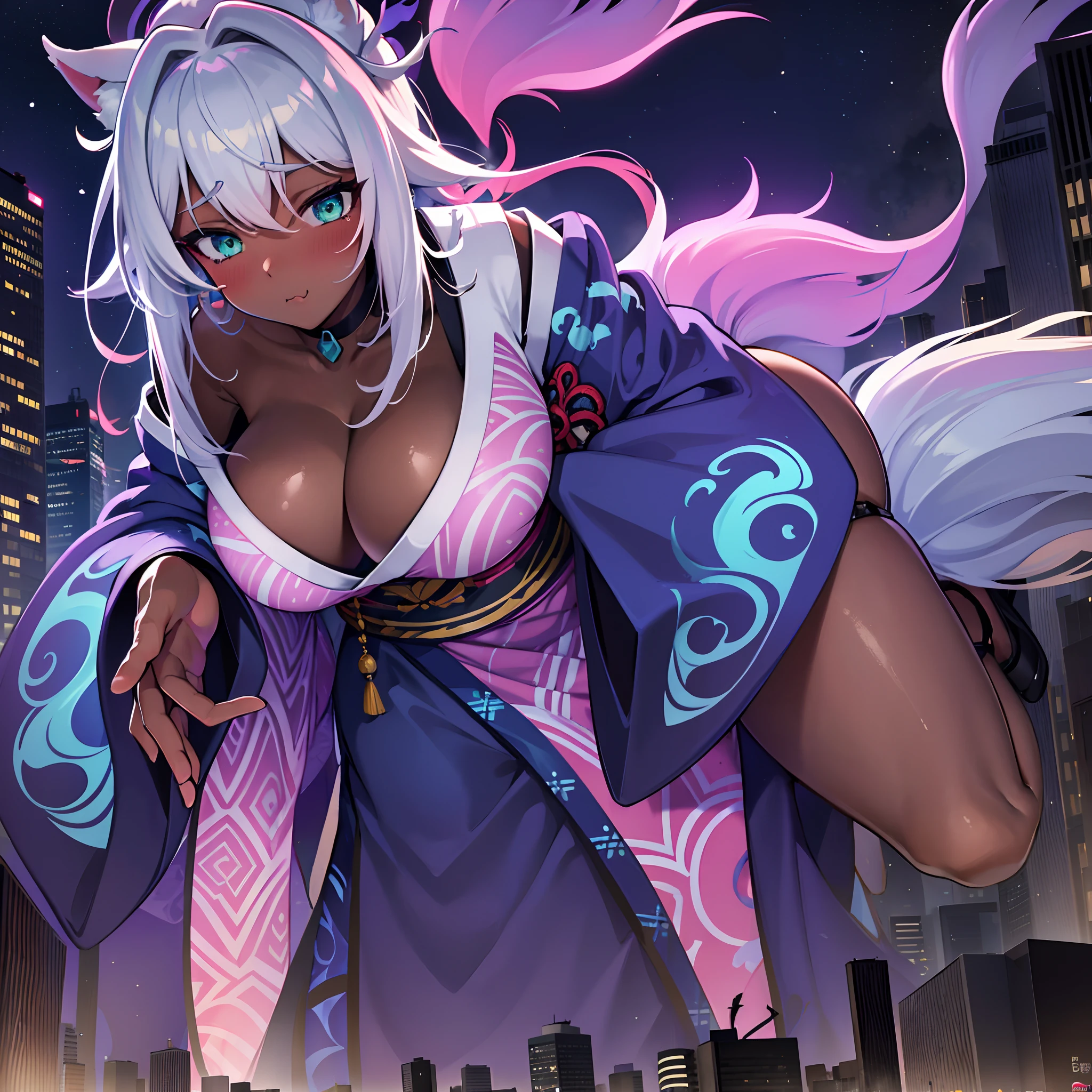 dark skinned female ,large breast,GtsGiga,pout,Gts,Gtscity,cityscape,kitsune,light blue tails,green eyes,tan skin,white hair,medium breast,blush,kimono,wooden sandals,multicolored hair,frosted tips,1girl solo,blacklight,,mature female,plump,curvy