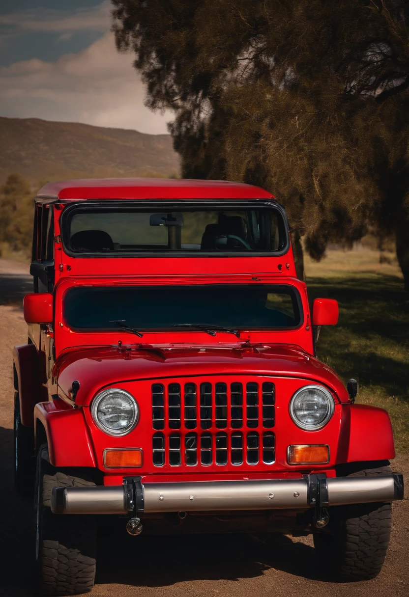 red jeep facing me
